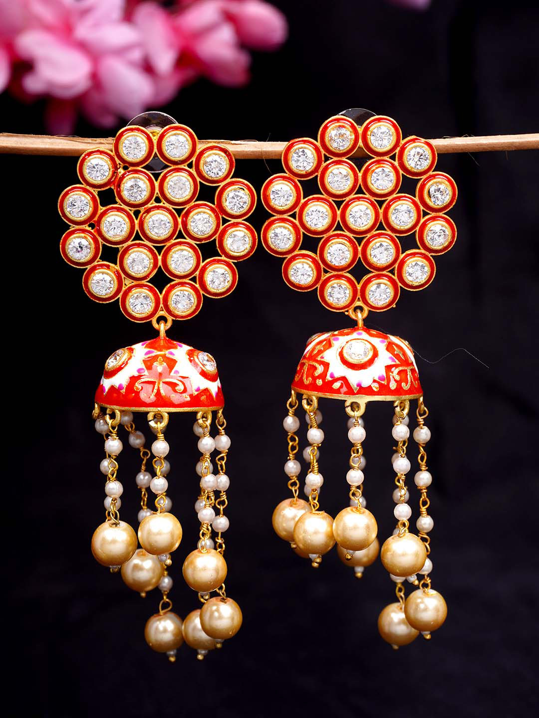

Urmika Red & Off White Circular Jhumkas Earrings