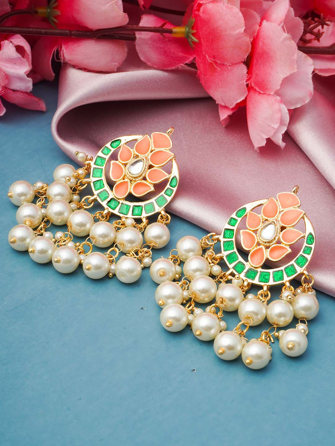 

Urmika Green & Peach-Coloured Gold Plated Teardrop Shaped Chandbalis Earrings