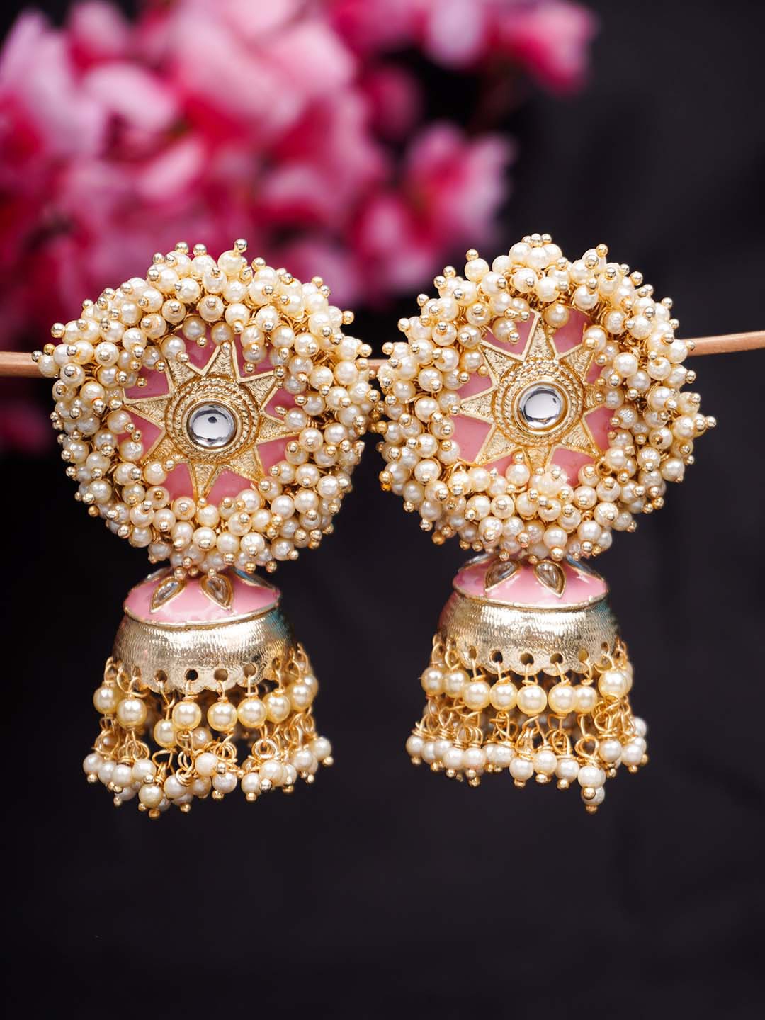 

Urmika Pink & Off White Gold-Plated Circular Pearl Jhumkas Earrings