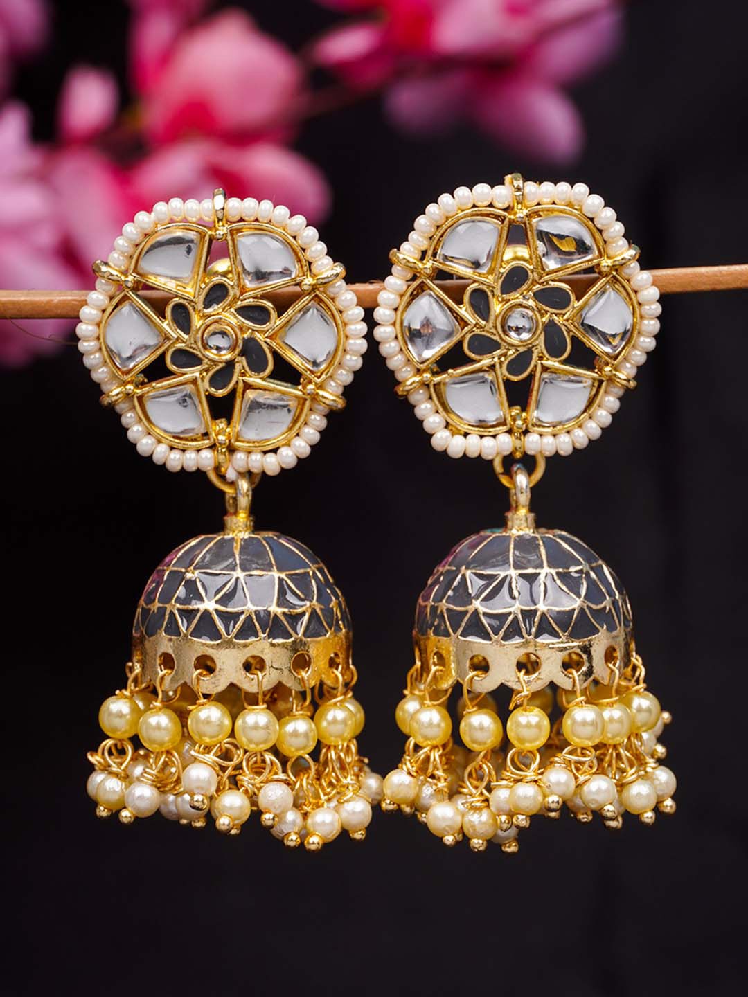 

Urmika Gold-Plated Grey Dome Shaped Jhumkas Earrings