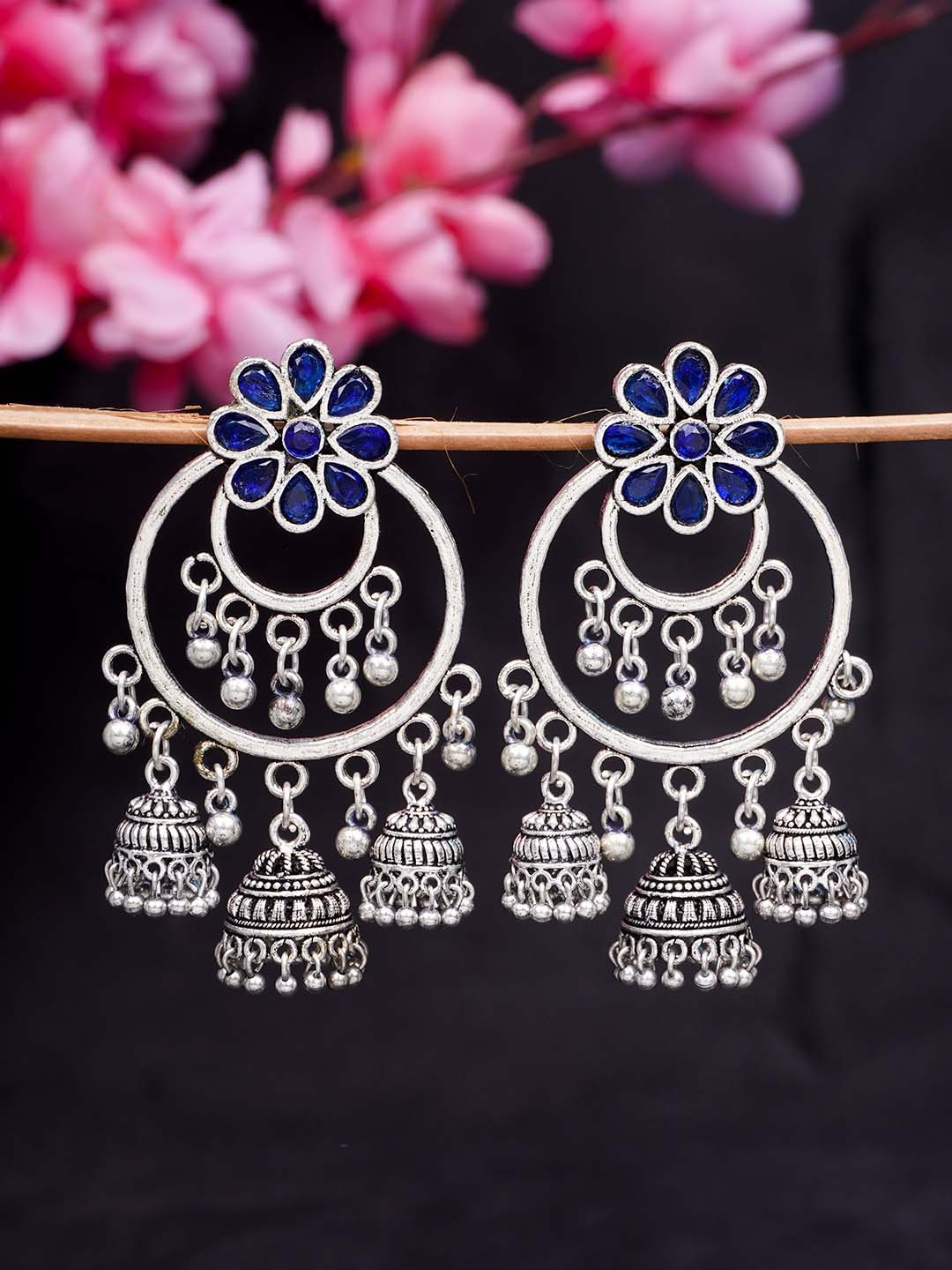 

Urmika Women Blue Circular Floral Triple Jhumka Chandbalis Earrings