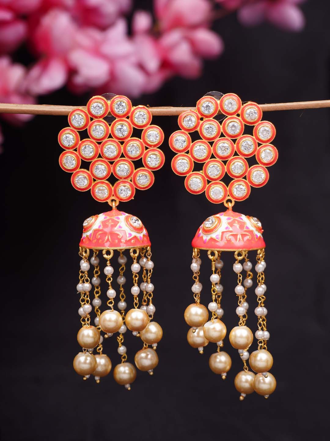 

Urmika Pink Minakari Chain Jhumkas Earrings