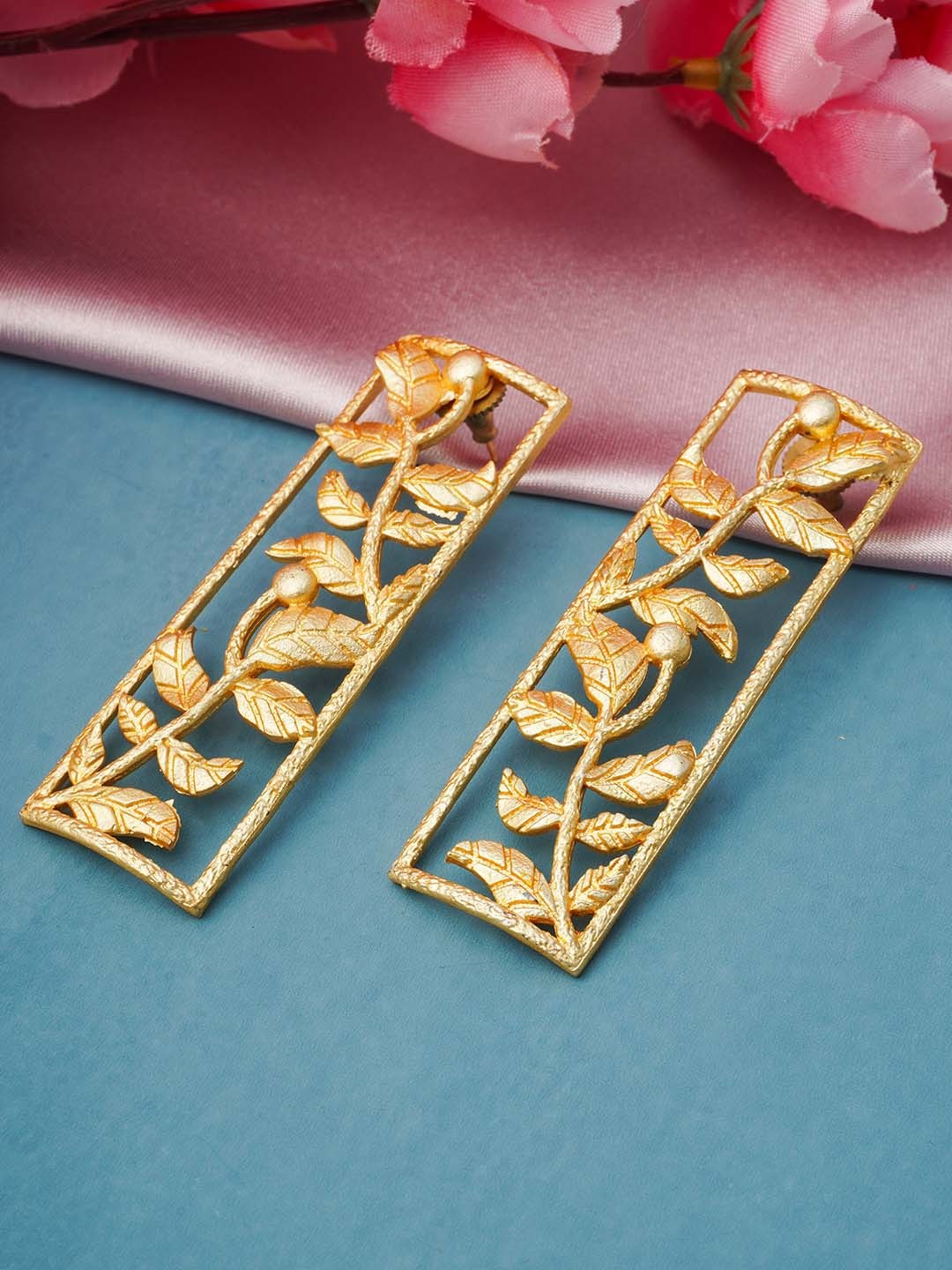 

Urmika Gold-Toned Rectangular Leafy Vine Drop Earrings