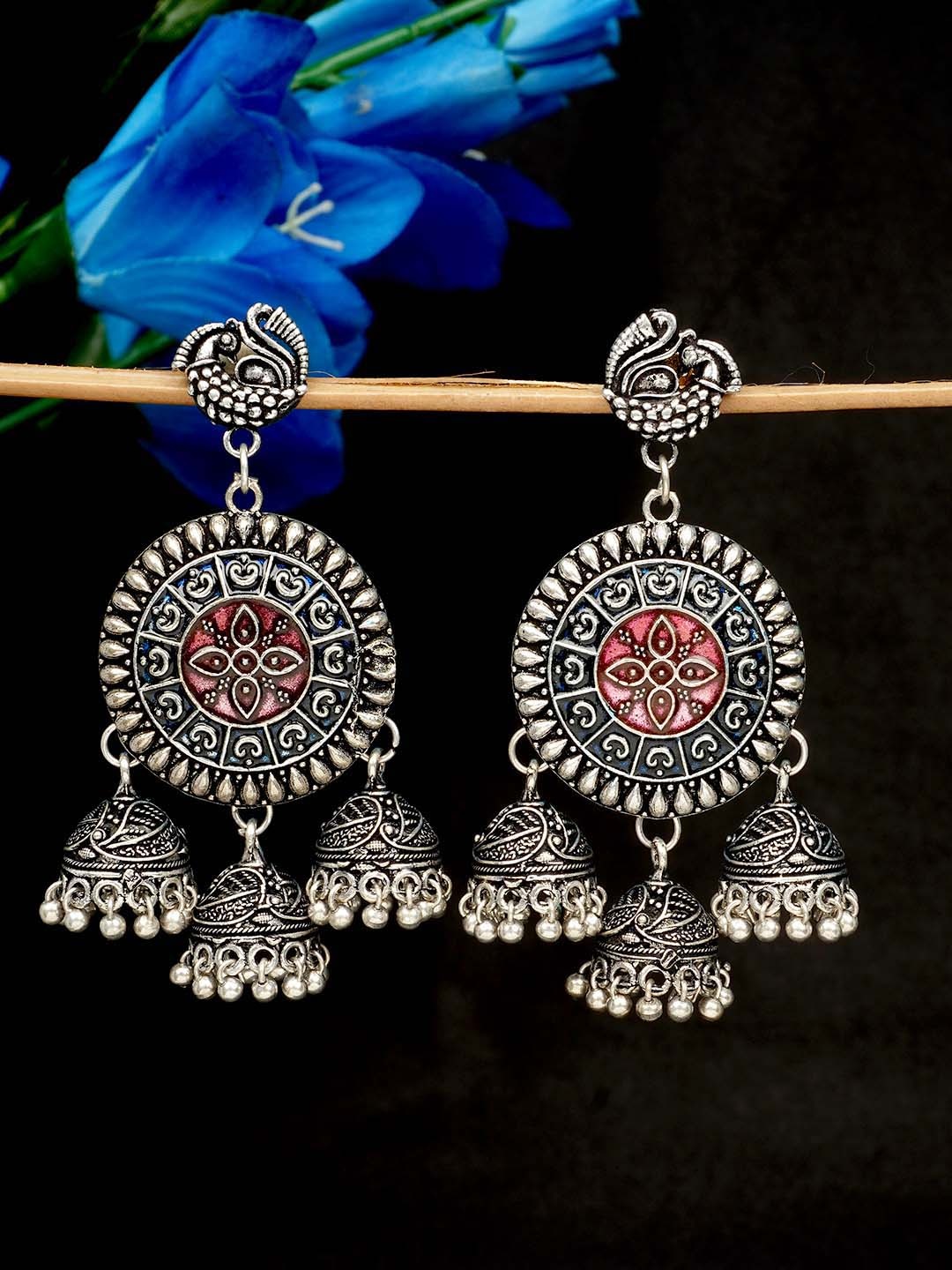

Urmika Women Red Circular Triple Jhumkas Earrings
