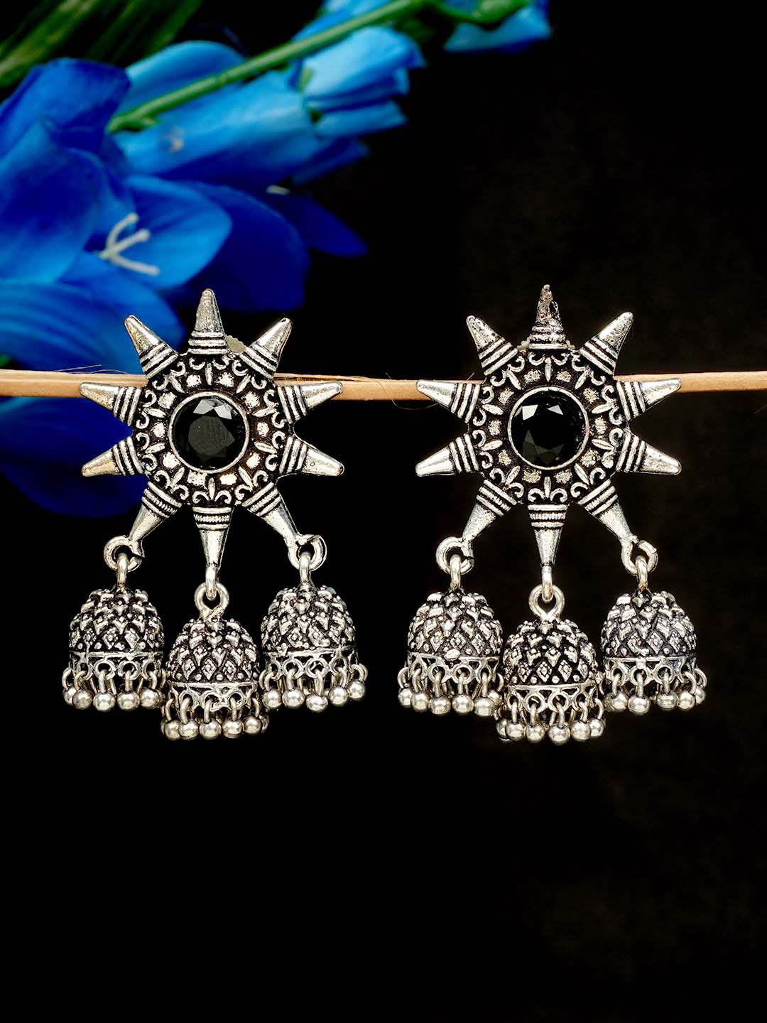 

Urmika Silver-Toned Sun Triple Jhumkas Earrings
