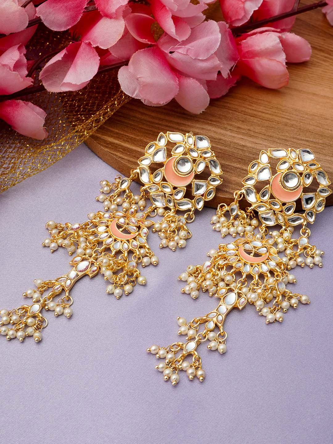 

Urmika Gold-Toned & Pink Stone Studded Drop Earrings