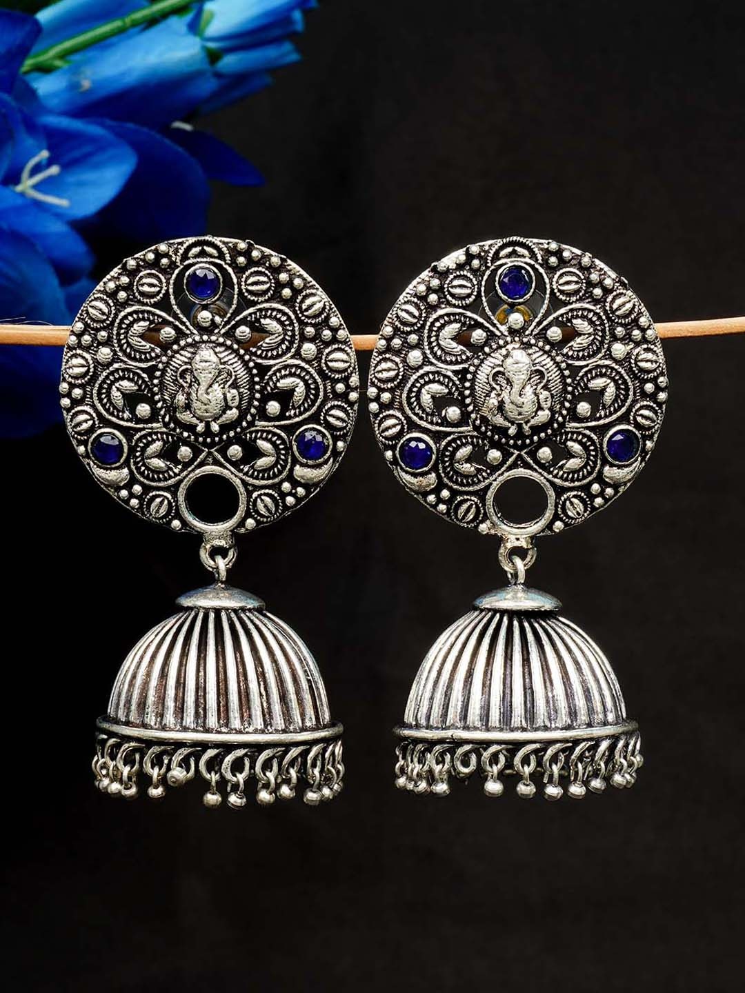 

Urmika Silver-Toned & Black Circular Jhumkas Earrings
