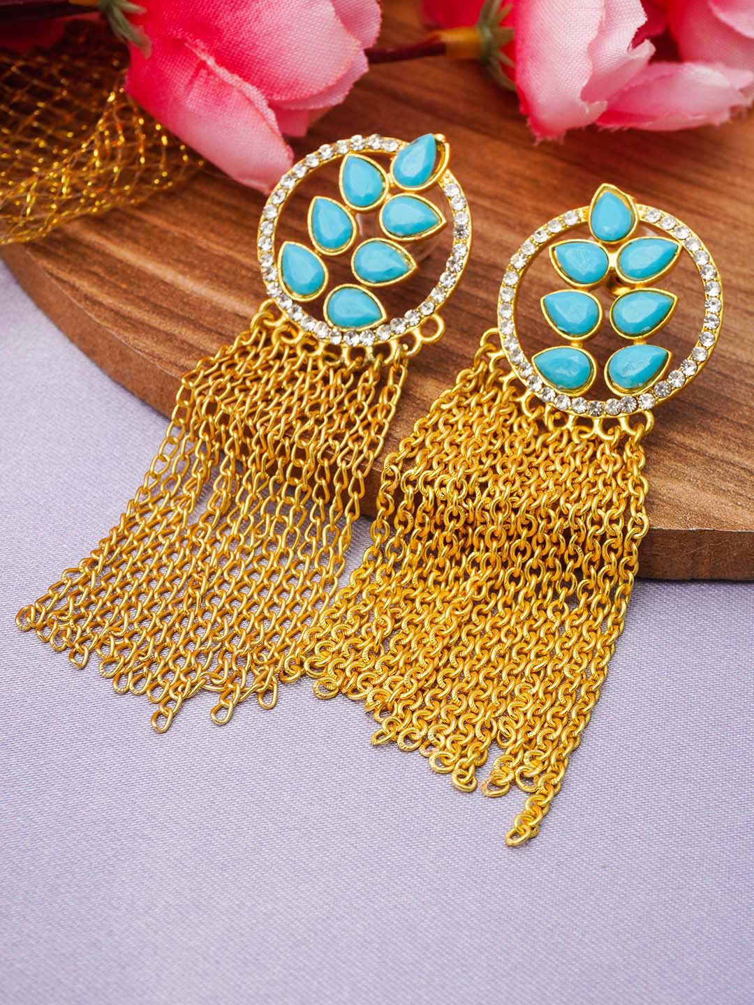 

Urmika Women Blue & Gold-Toned Leaf Shaped Drop Earrings