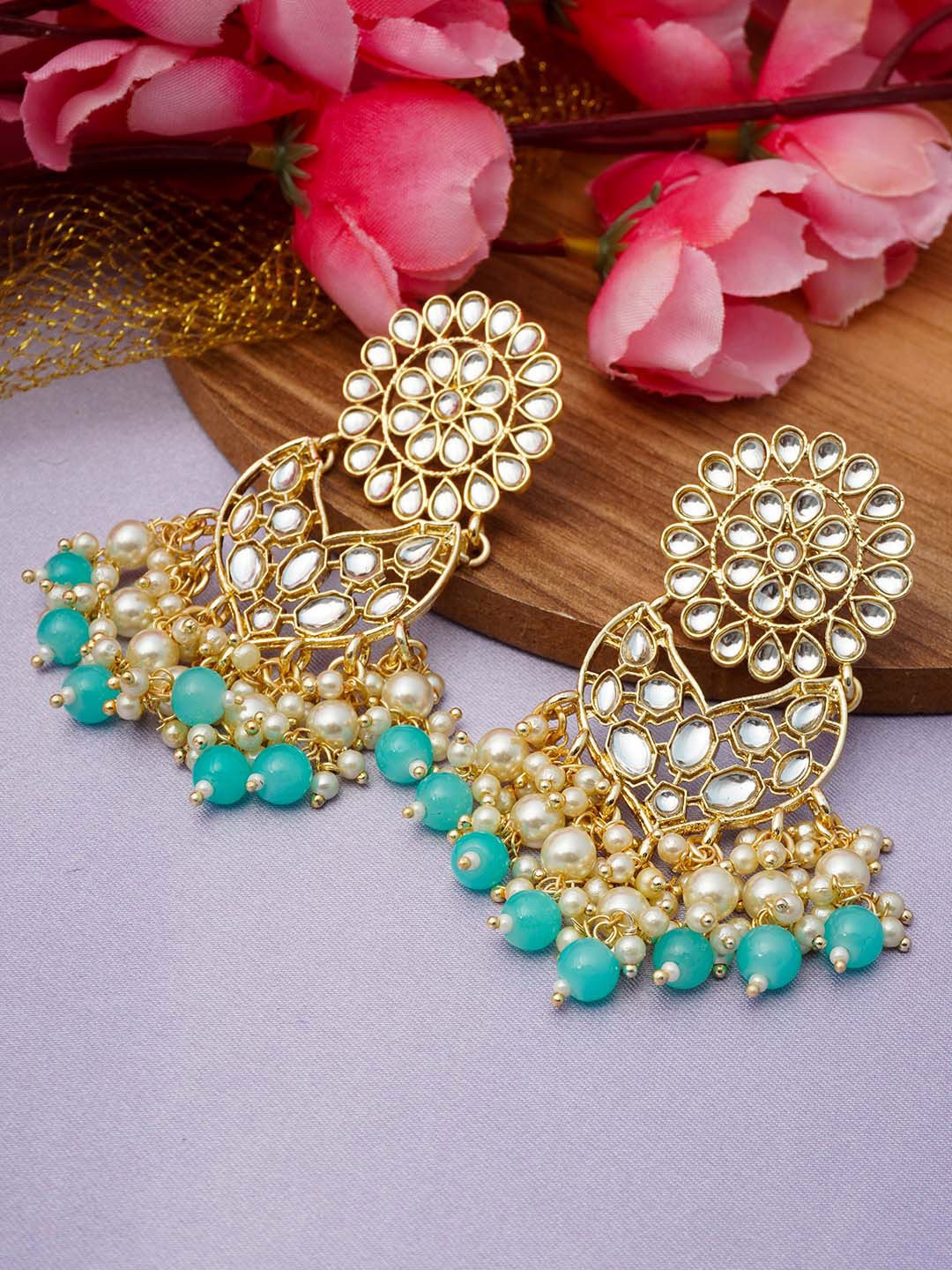 

Urmika Women Sea Green & Gold-Toned Floral Chandbalis Earrings