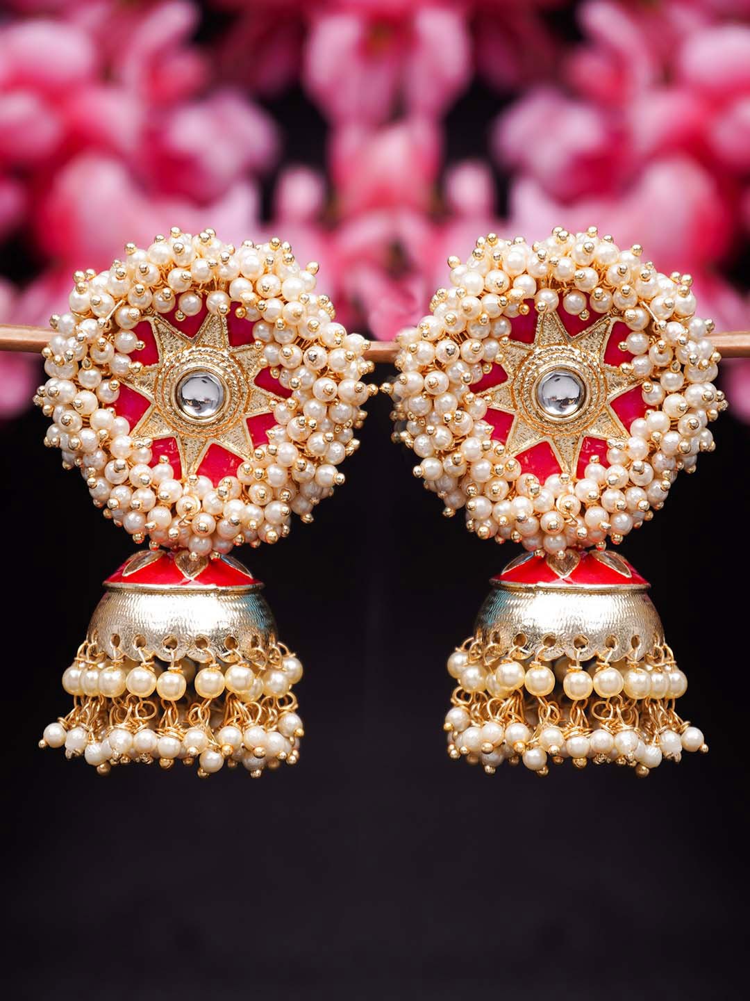

Urmika Women Gold-Plated & Red Dome Shaped Minakari Pearl Jhumkas Earrings