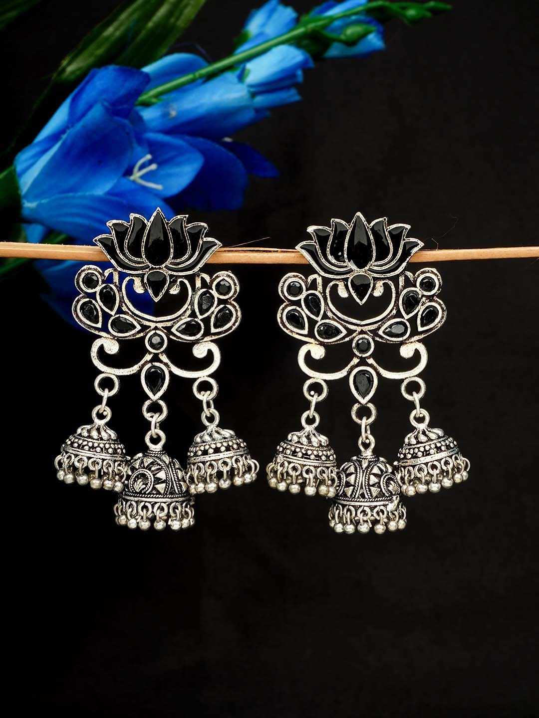 

Urmika Women Silver-Toned Floral Triple Jhumki Lotus Earrings