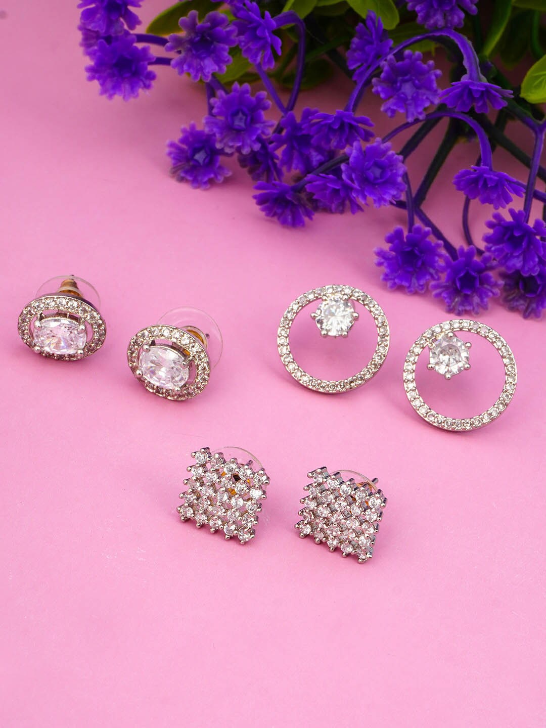 

Urmika Women Set of 3 Silver-Toned Stud Earrings