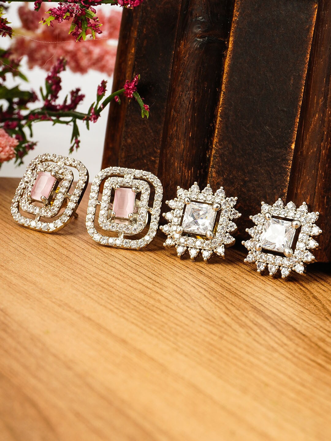 

Urmika Set of 2 Silver-Toned Square Studs Earrings