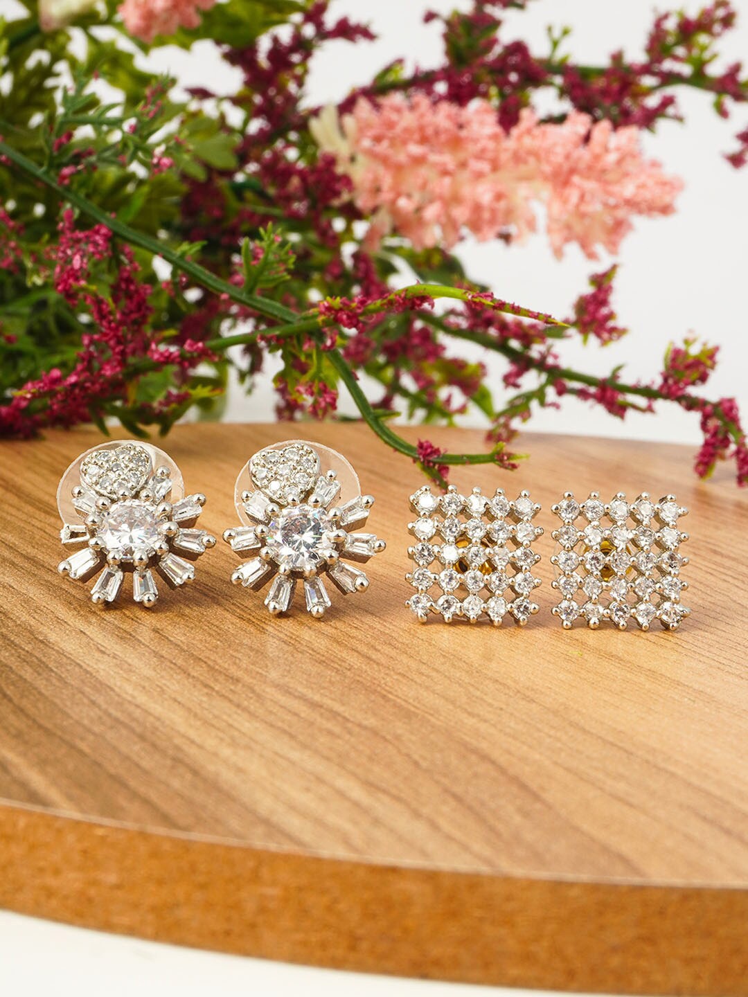 

Urmika Set Of 2 White & Silver-Plated Heart & Square Studs Earrings