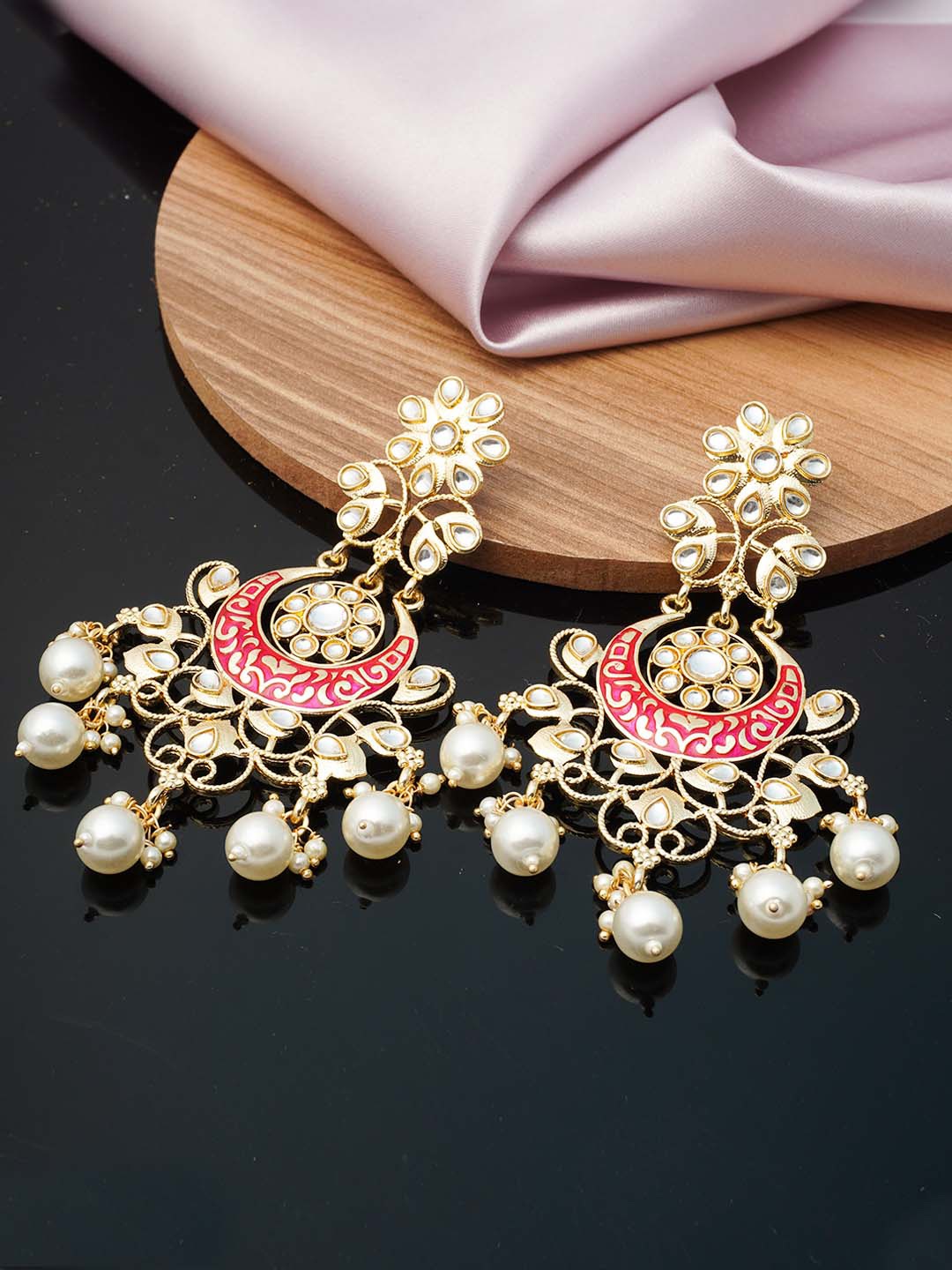 

Urmika Women Gold-Toned & Pink Floral Drop Earrings