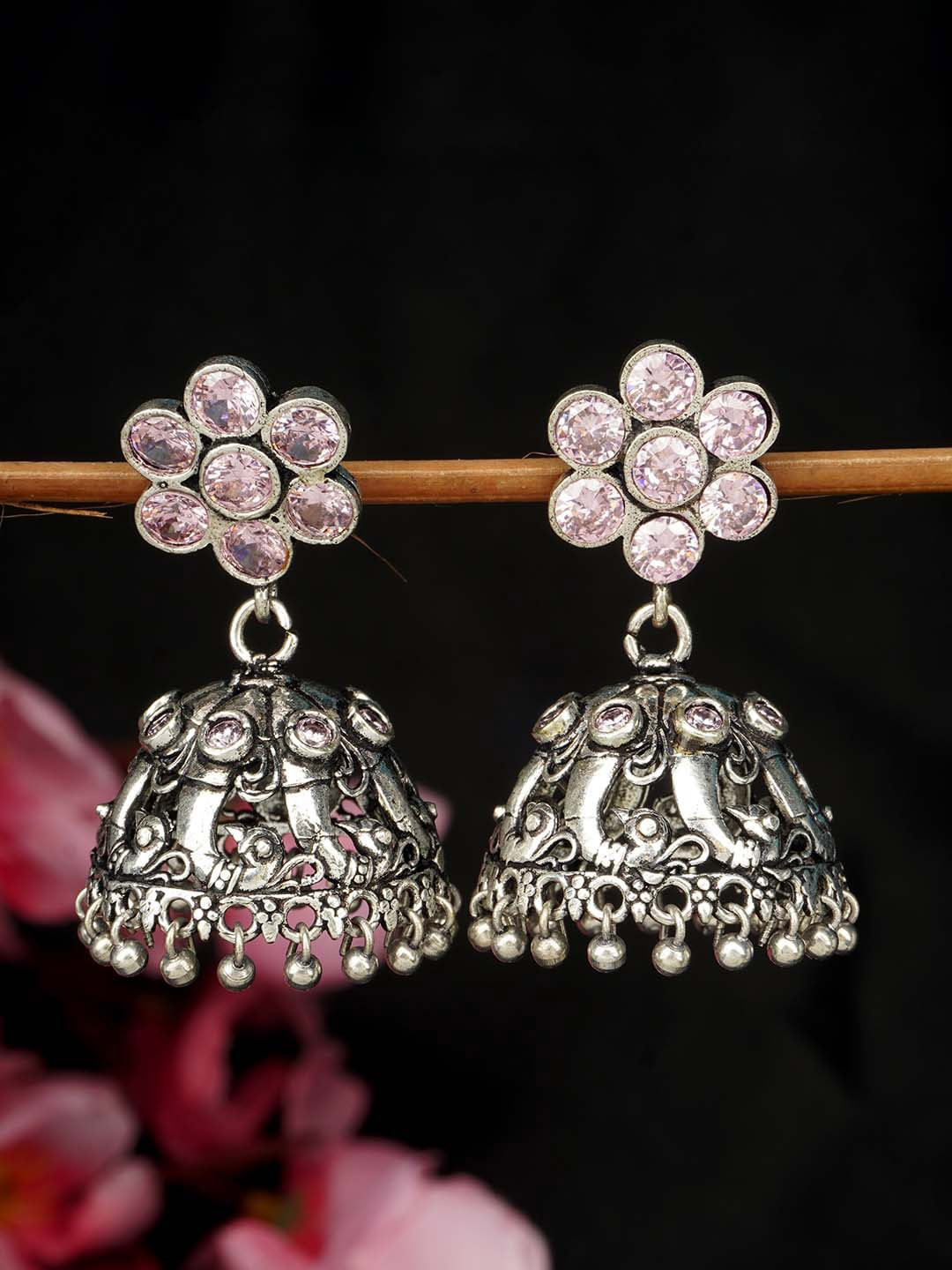 

Urmika Women Silver-Toned & Pink Circular Jhumkas Earrings
