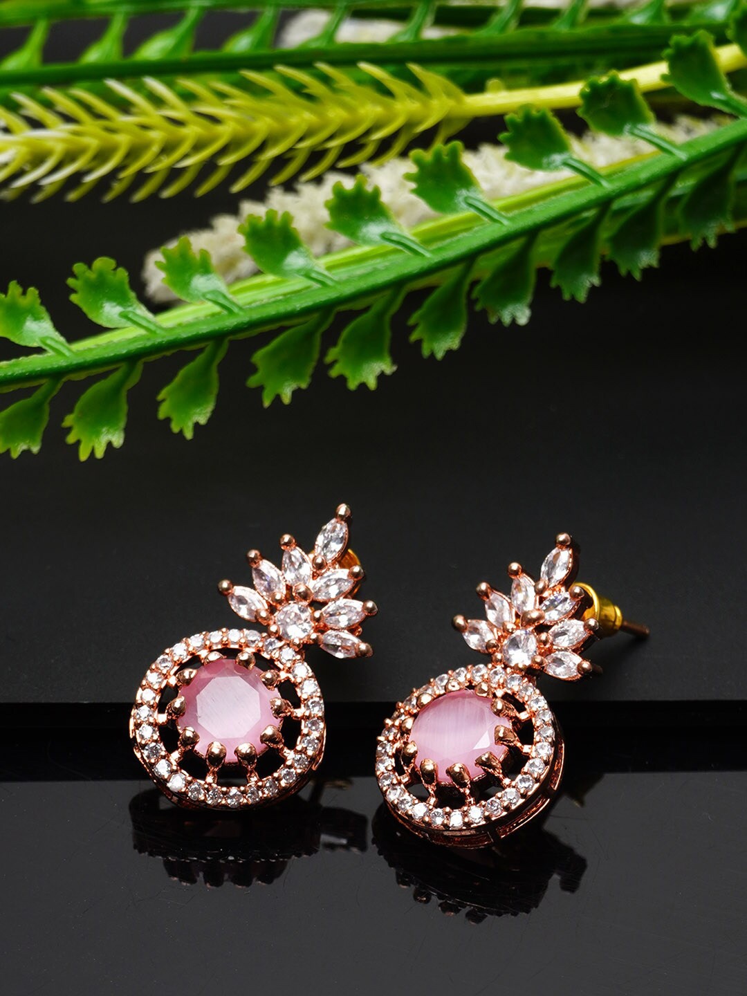 

Urmika Pink & White Stone Studded Circular Studs Earrings