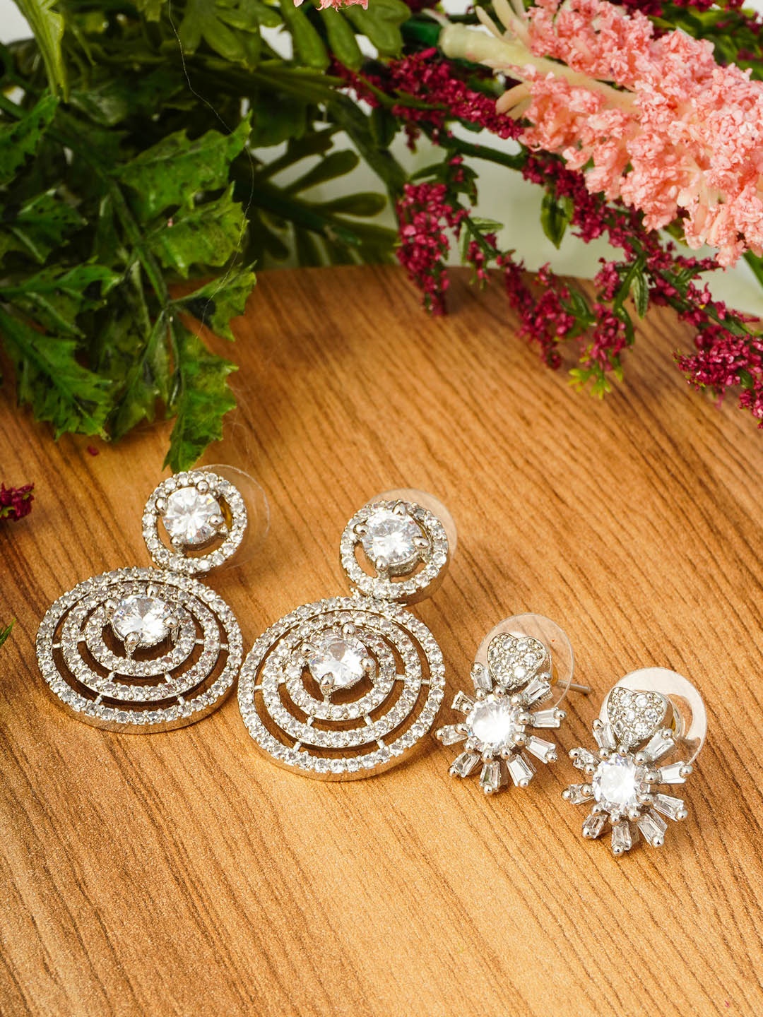 

Urmika Set Of 2 Silver-Toned Circular Drop Earrings