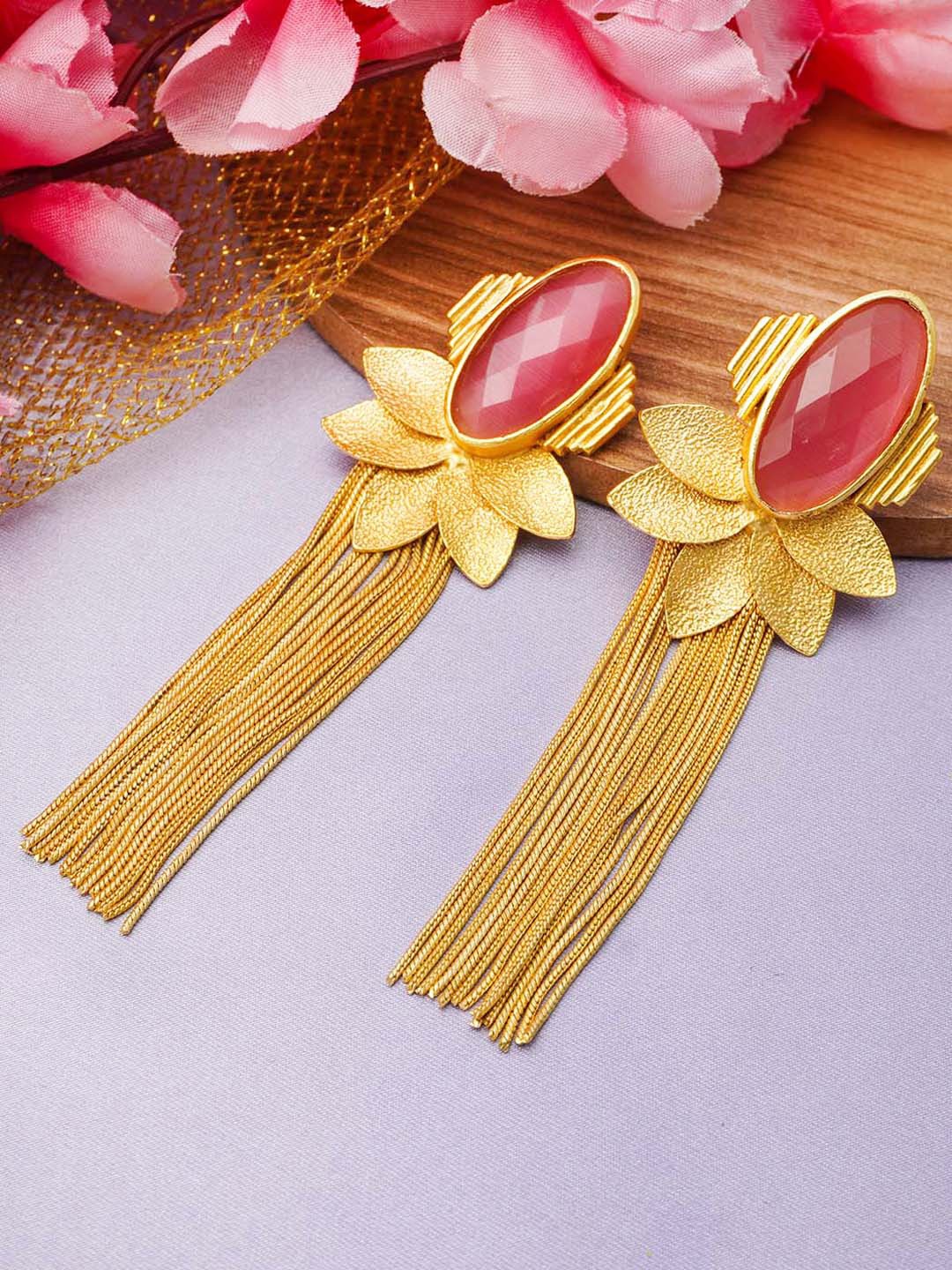 

Urmika Pink & Gold Plated Classic Tasselled Drop Earrings