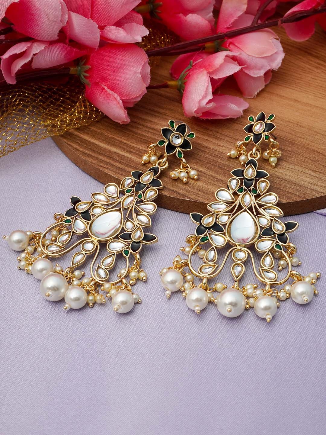 

Urmika Gold-Toned & Black Stone Studded Drop Earrings