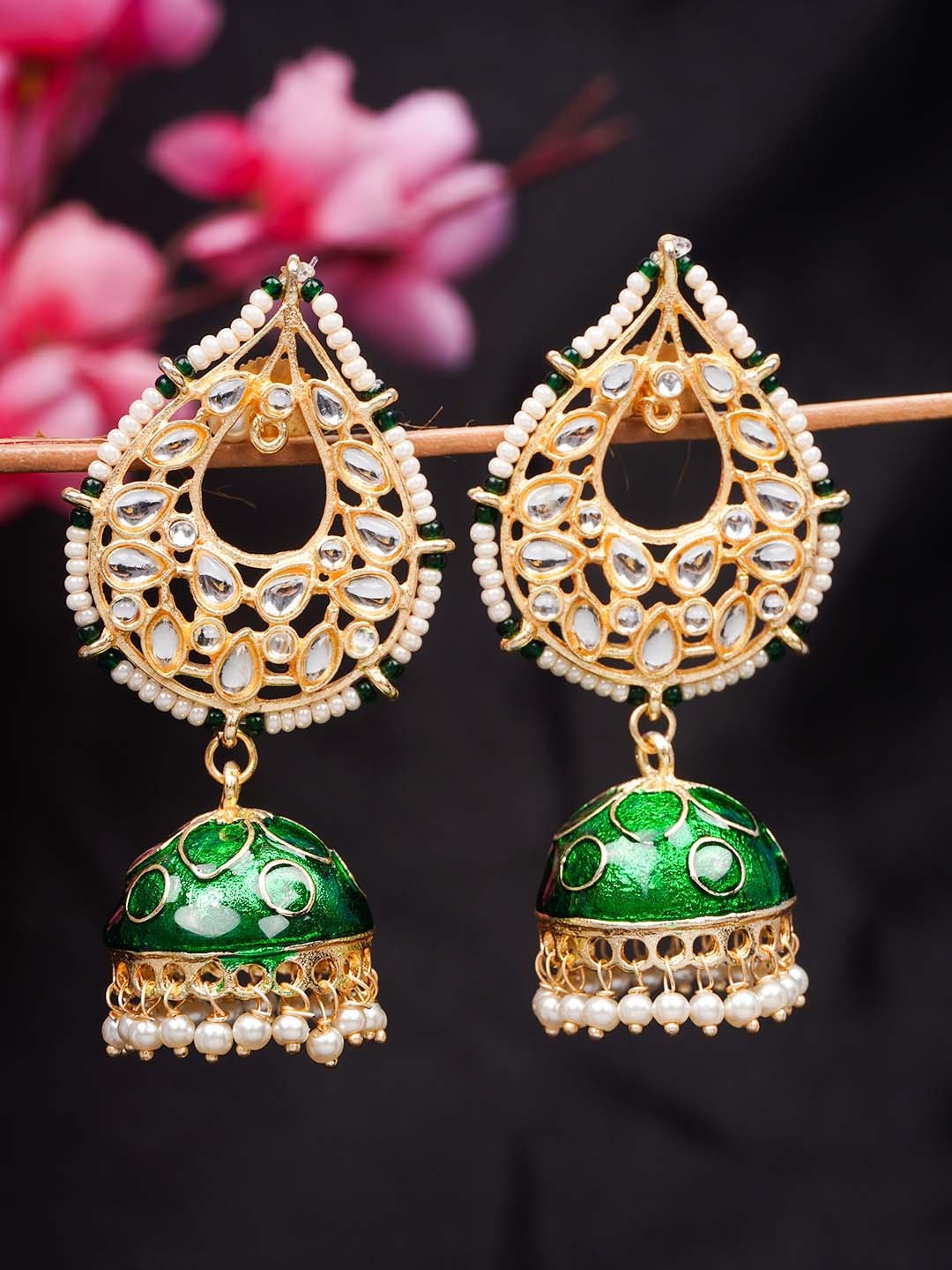 

Urmika Green & Gold Plated Teardrop Shaped Jhumkas Earrings