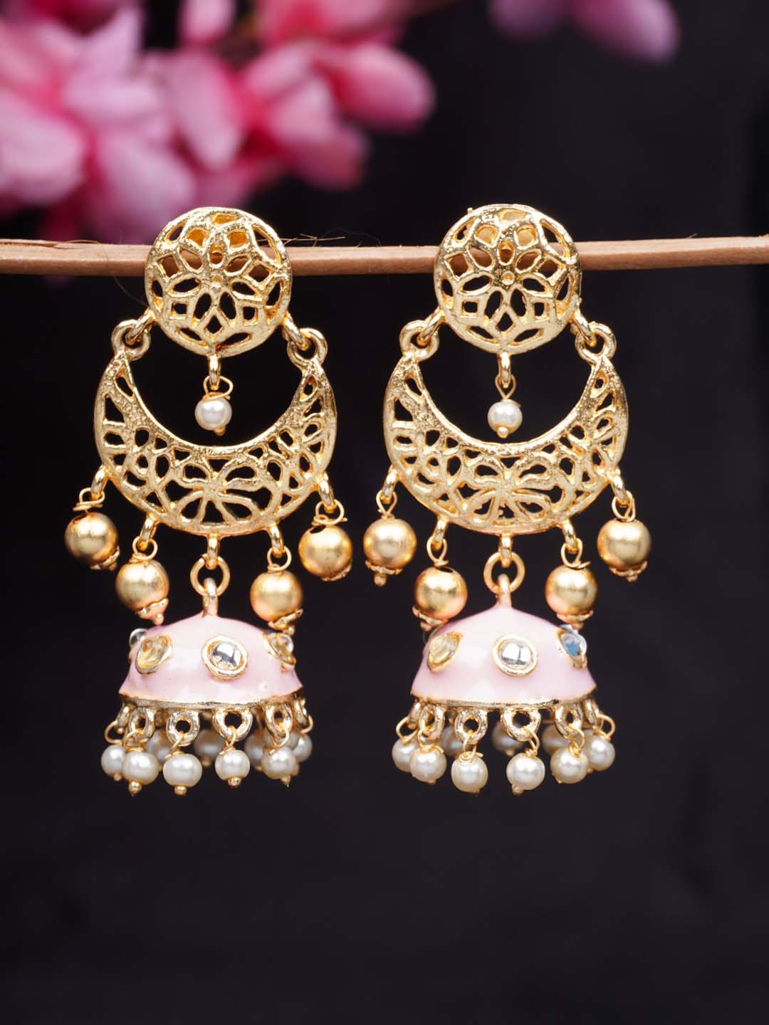

Urmika Gold-Toned & Pink Spherical Jhumkas Earrings