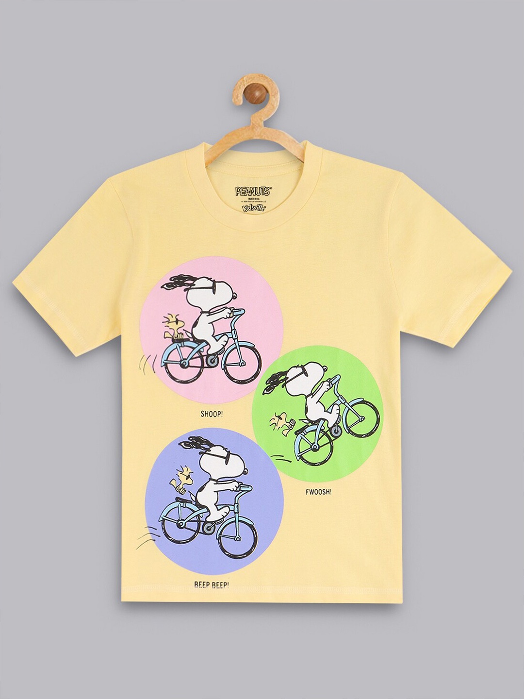 

Kids Ville Boys Yellow Biker Peanuts Printed Pure Cotton T-shirt