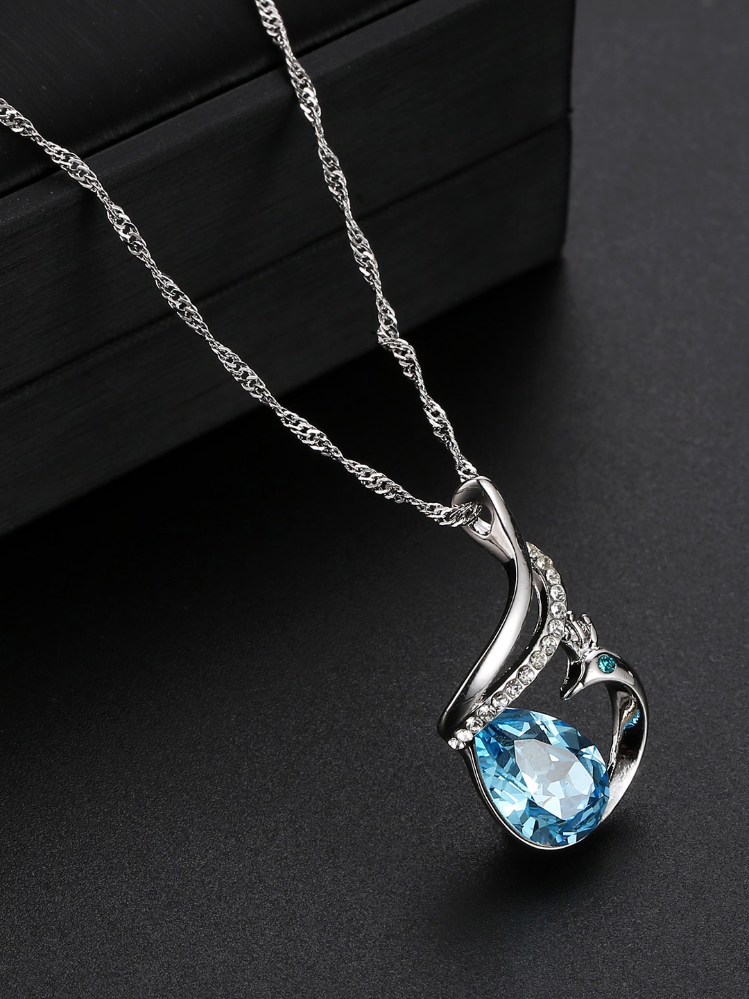 

Jewels Galaxy Rhodium-Plated & Blue CZ Studded Pendant With Chain, Silver