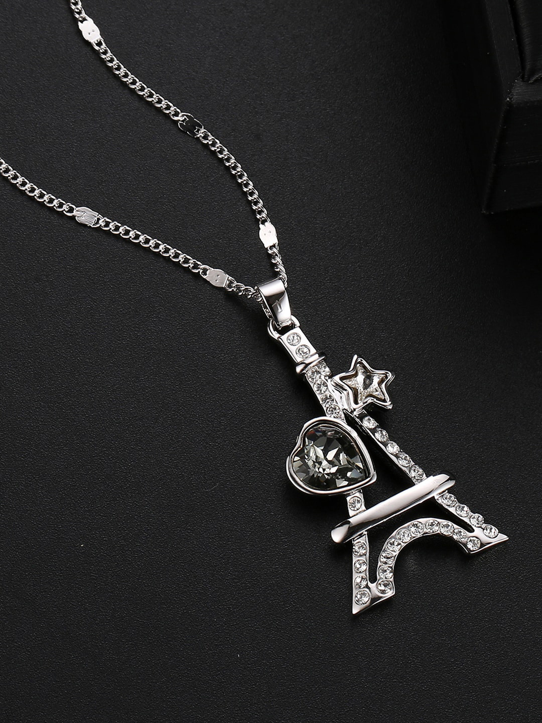 

Designs By Jewels Galaxy Rhodium-Plated Silver-Toned & Olive-Green Crystals-Studded Pendant With Chain