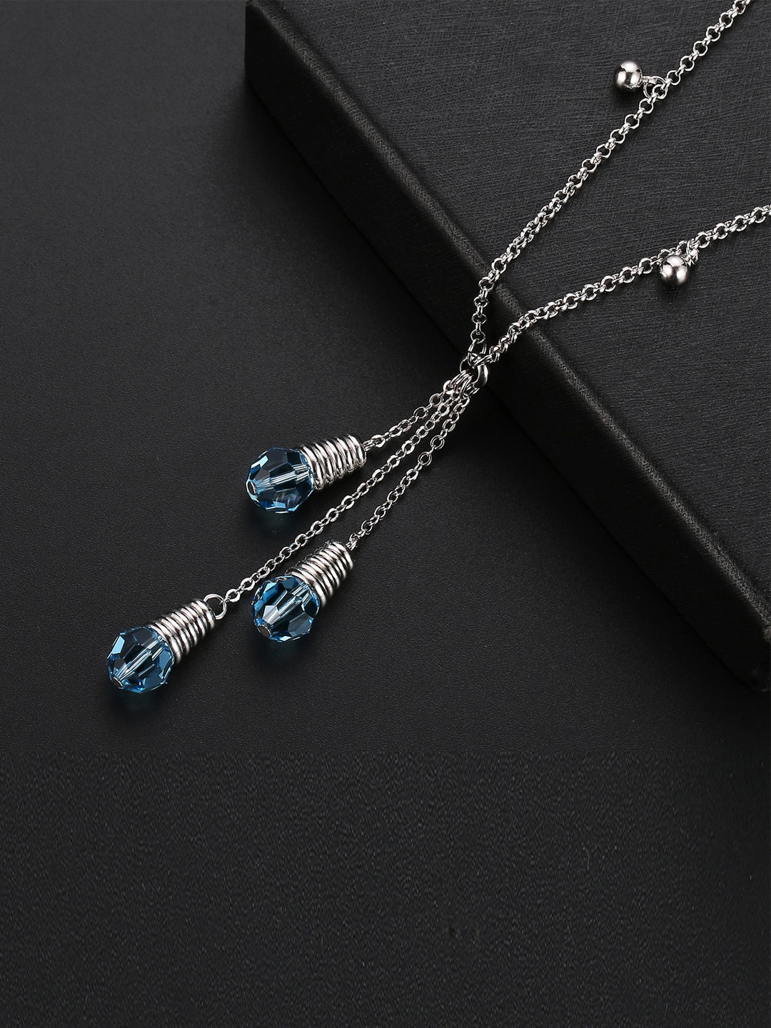 

Jewels Galaxy Rhodium-Plated & Blue CZ Studded Pendant With Chain, Silver