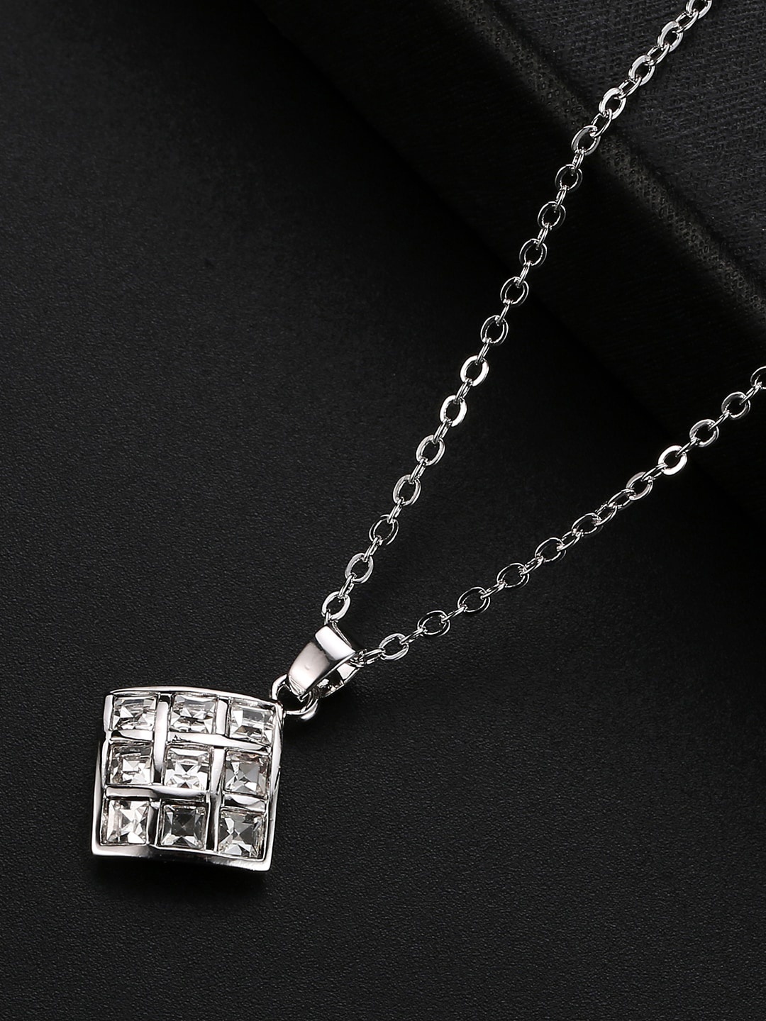 

Jewels Galaxy Rhodium-Plated White CZ Studded Pendant With Link Chain, Silver