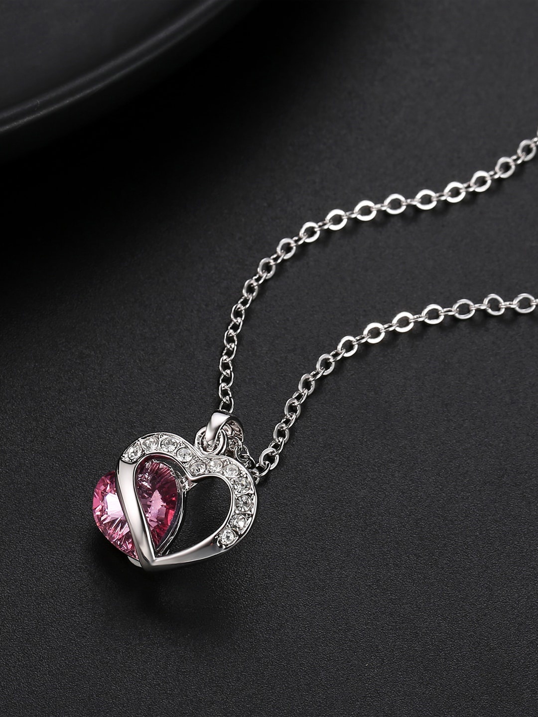 

Jewels Galaxy Rhodium-Plated & Pink CZ Studded Heart Pendant With Chain
