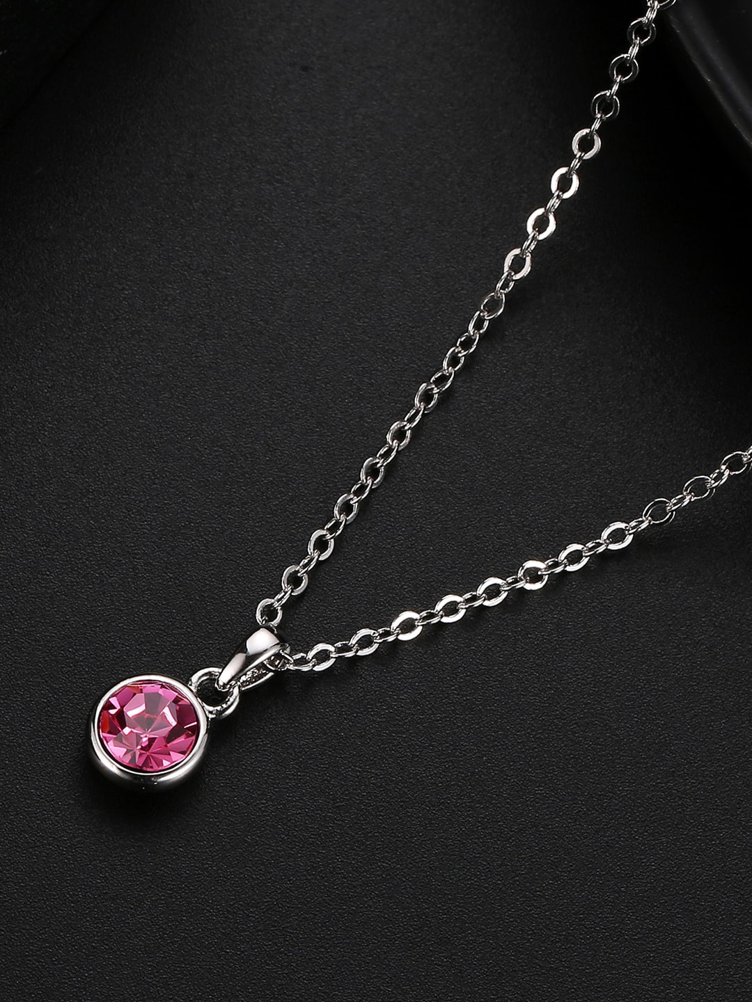 

Jewels Galaxy Silver-Toned & Pink Rhodium Plated Crystal Pendant With Set
