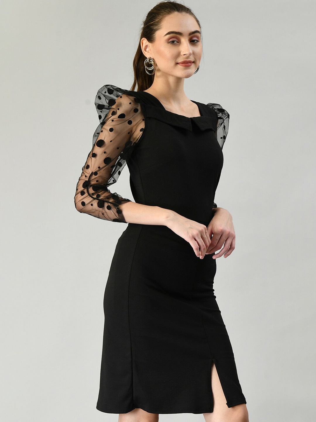 

IUGA Black Solid Puff Sleeves Sheath Dress