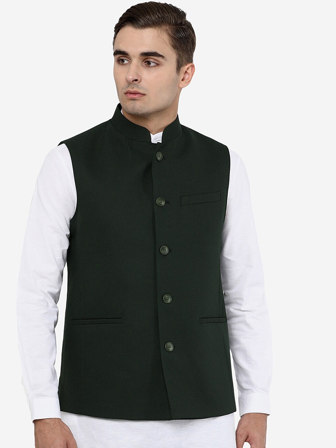 

JADE BLUE Men Black Solid Woven Nehru Jackets