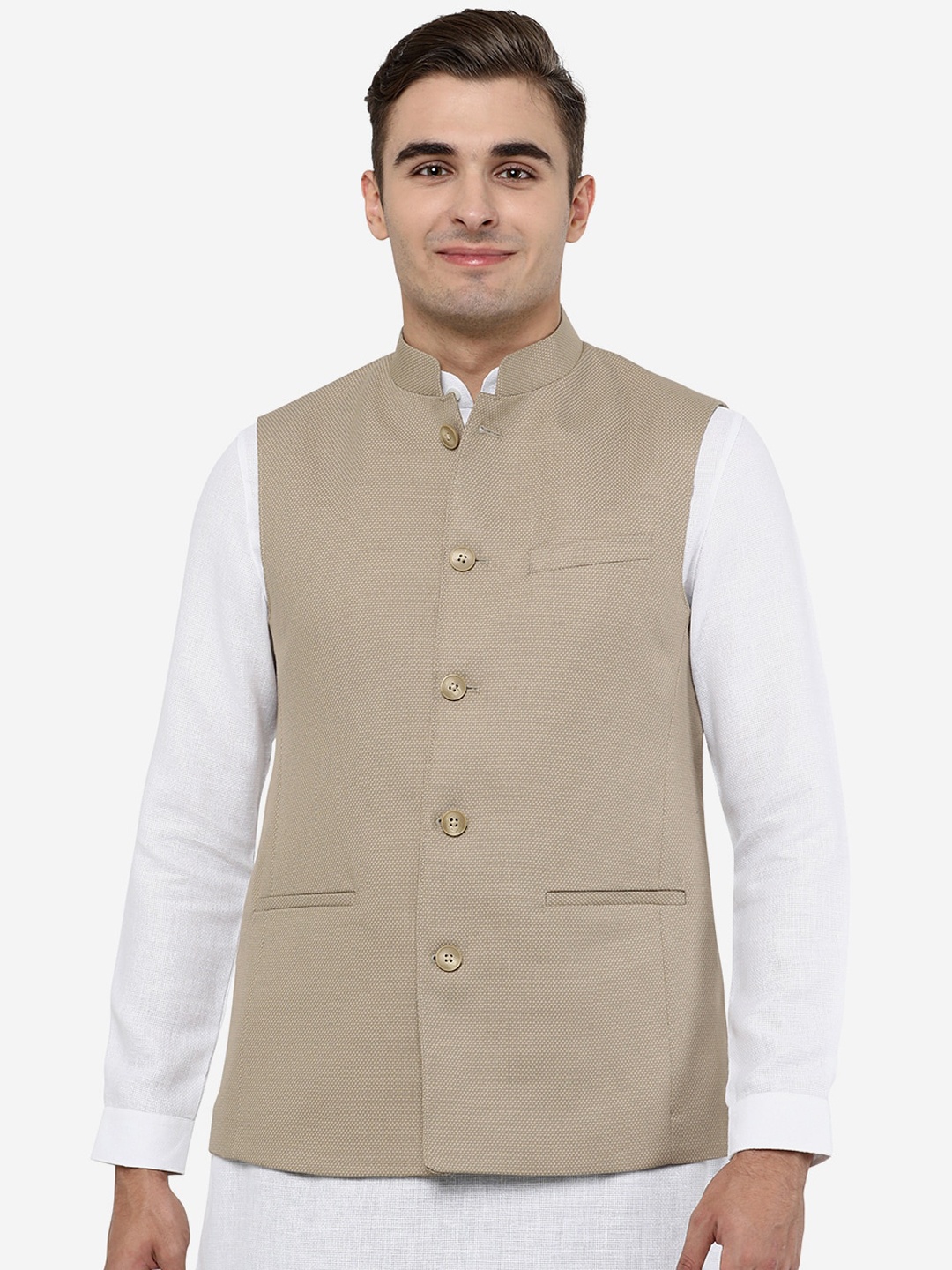 

JADE BLUE Men Khaki Solid Terry Wool Nehru Jacket