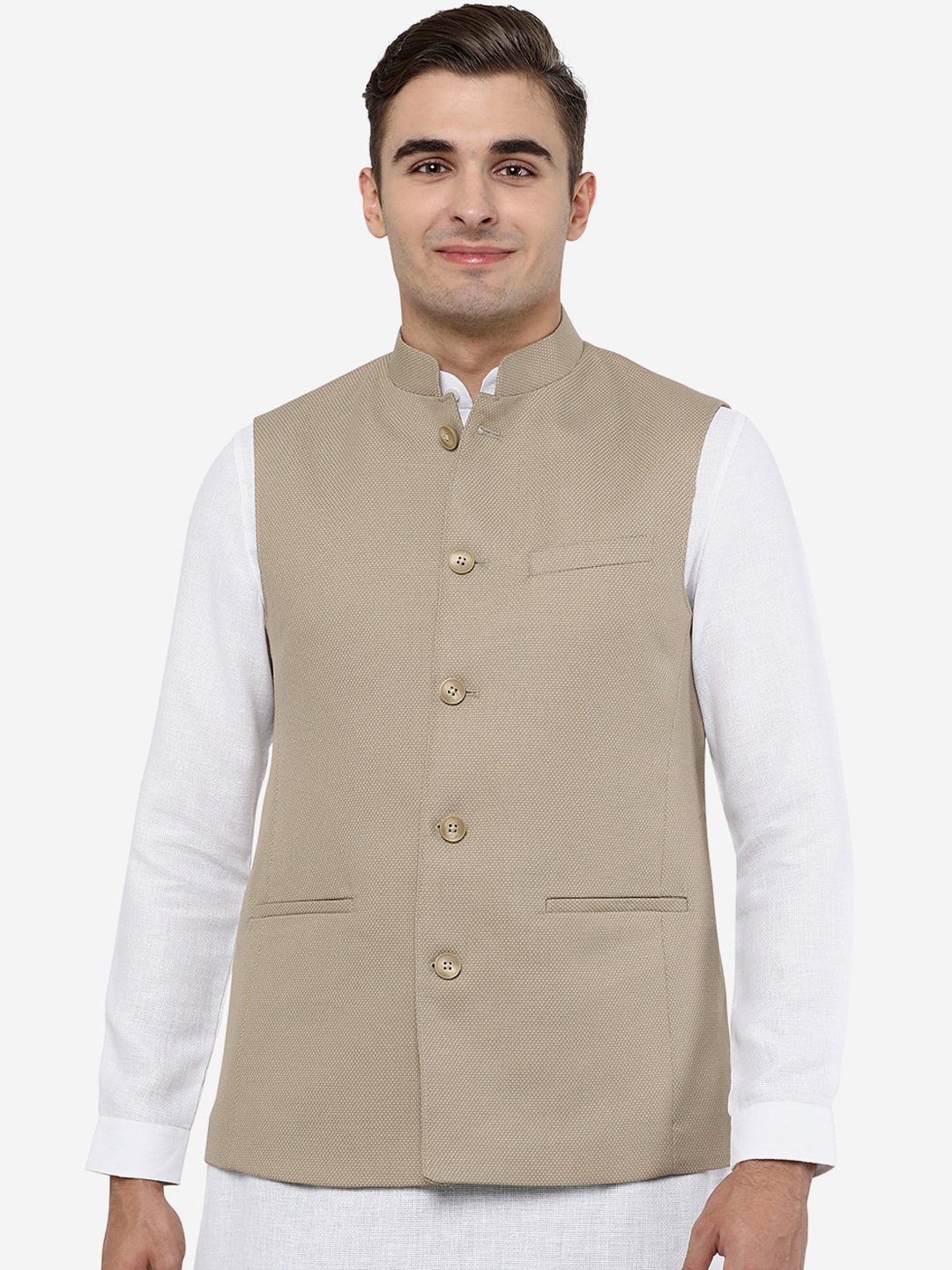 

JADE BLUE Men Khaki Solid Woolen Nehru Jacket
