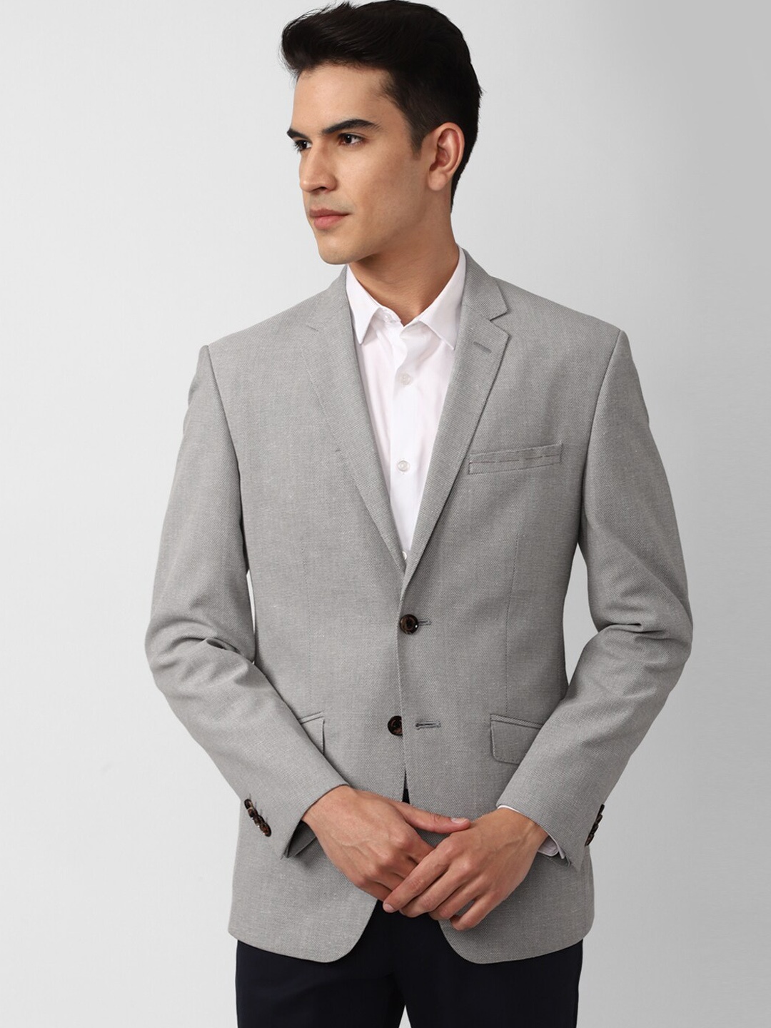 

SIMON CARTER LONDON Men Grey Self Design Slim-Fit Single Breasted Blazer