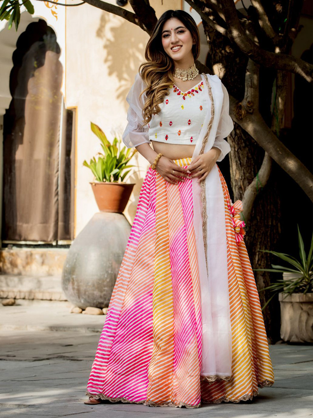 

HOUSE OF JAMOTI White & Pink Embellished Ready to Wear Lehenga & Blouse With Dupatta