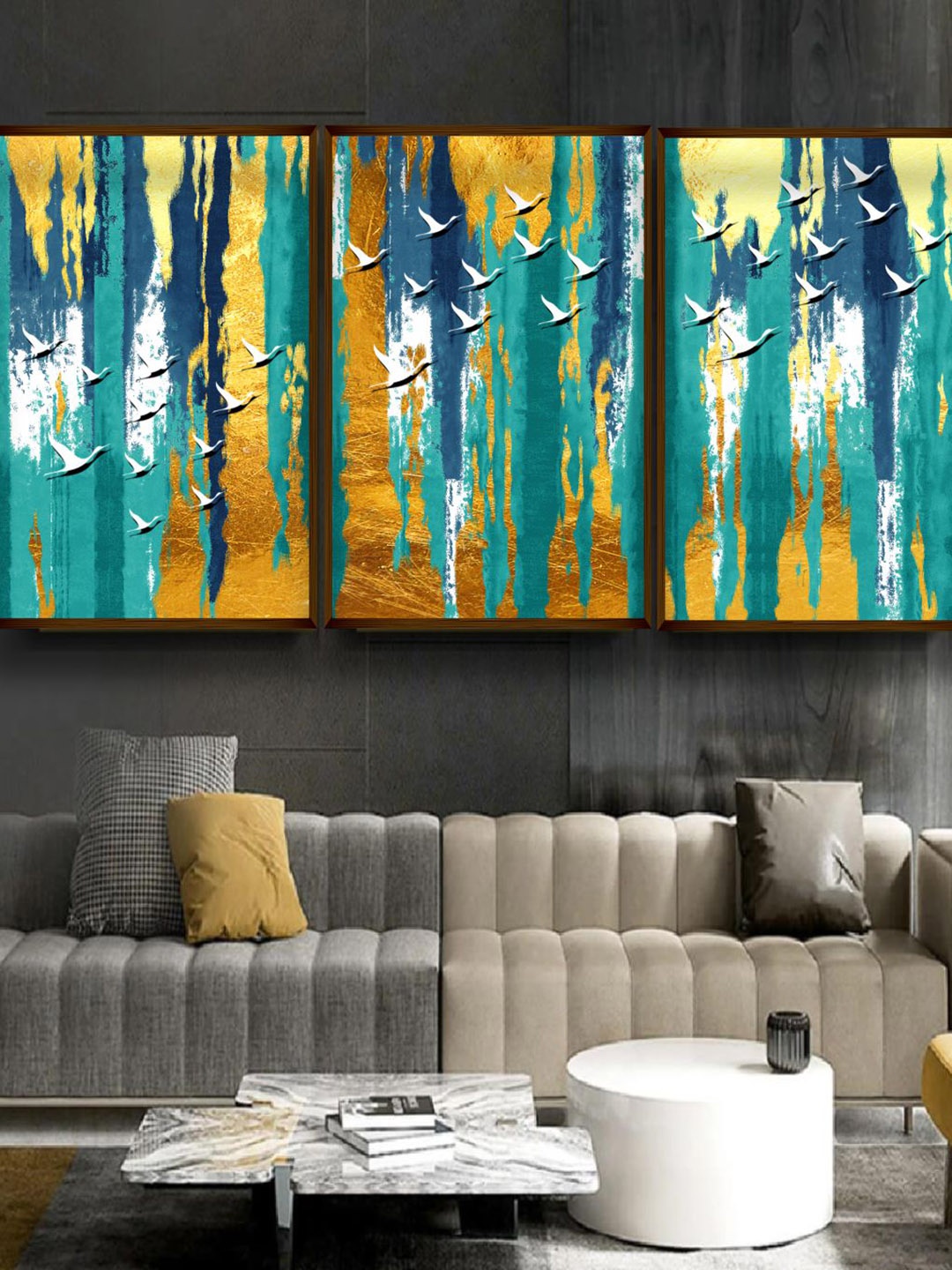 

The Art House Set Of 3 Yellow & Blue Abstract Painting Wall Art