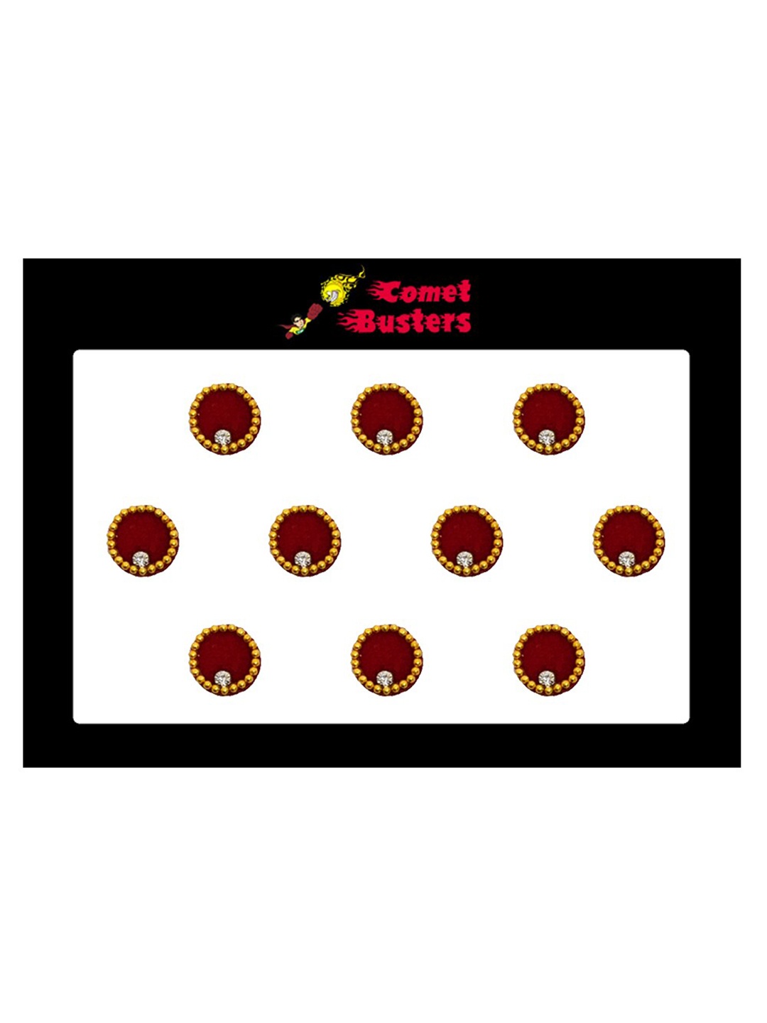 

Comet Busters 10 Pcs Embellished Reusable Designer Bindis - Maroon & Gold-Toned