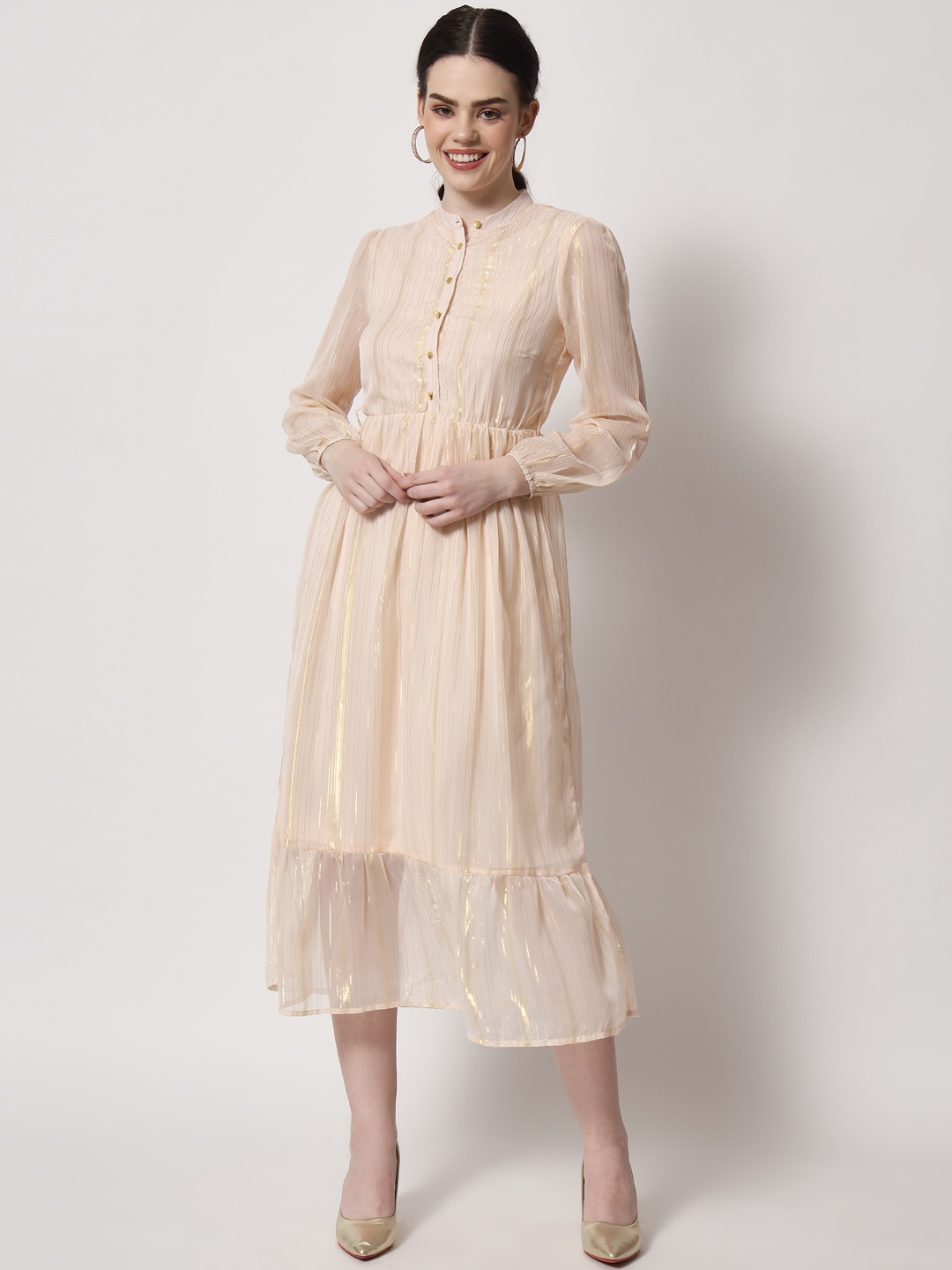 

HERE&NOW Beige Striped Chiffon A-Line Midi Dress