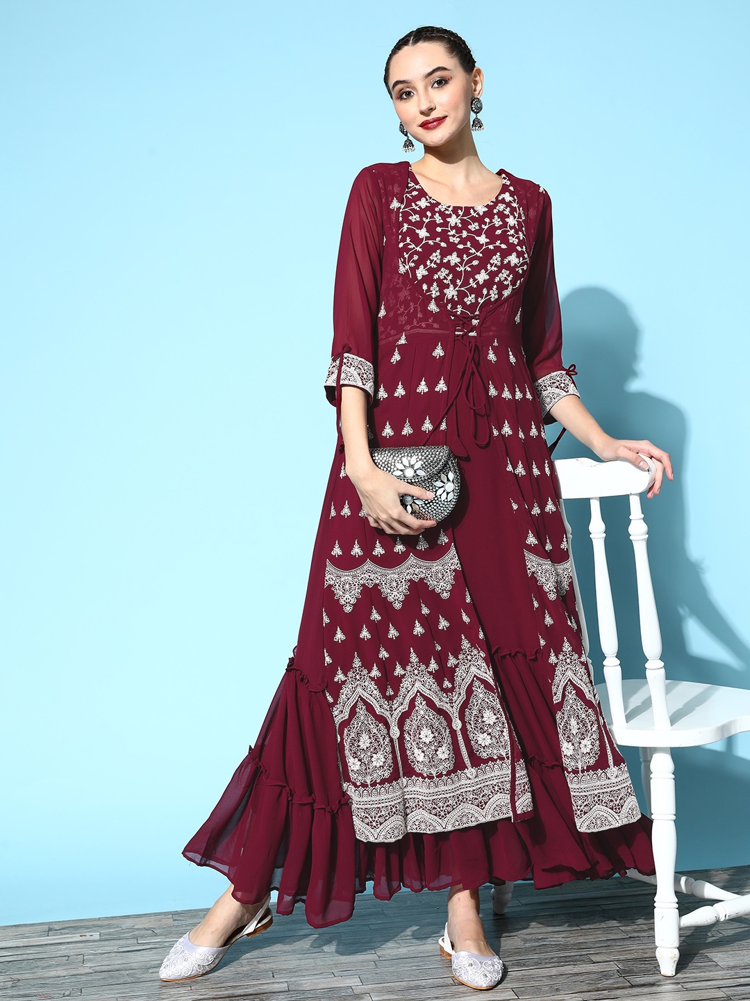 

Indo Era Women Beautiful Maroon Georgette Fluid Tie-Up Ethnic Dress