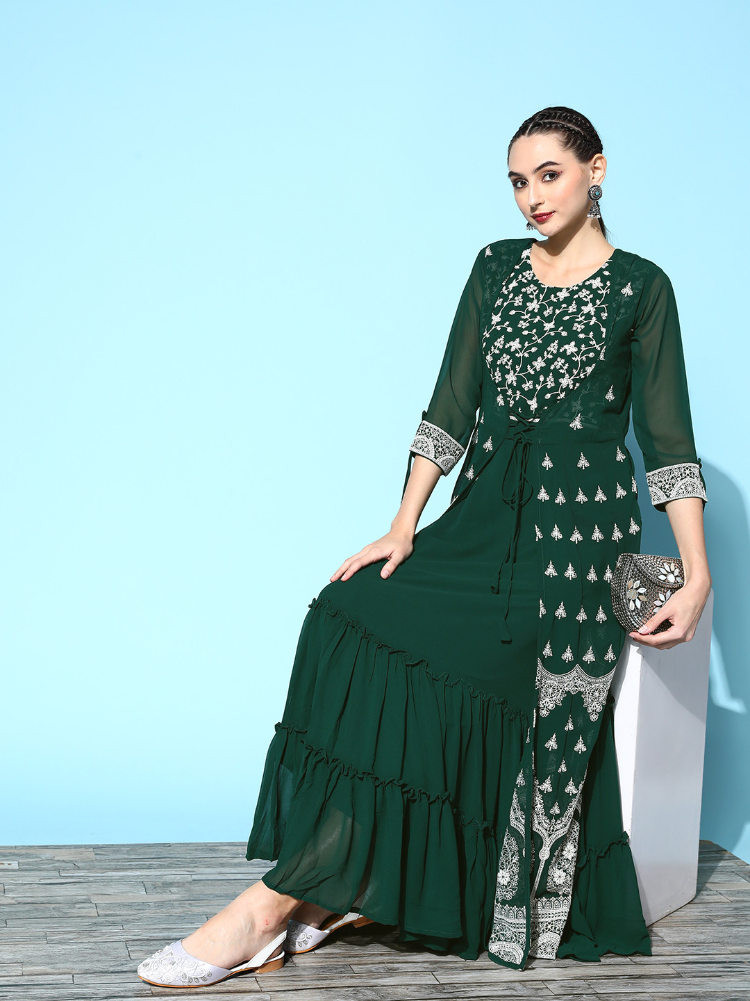 

Indo Era Women Green Georgette Fluid Tie-Up Ethnic Dress