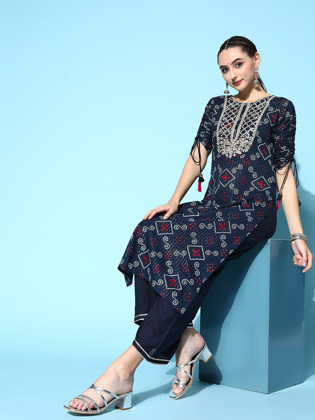 

Indo Era Women Bandhani Pure Cotton Fluid Tie-Up Kurta Set, Blue
