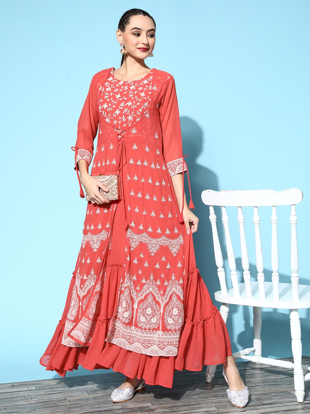 

Indo Era Women Lovely Peach Georgette Fluid Tie-Up Ethnic Dress