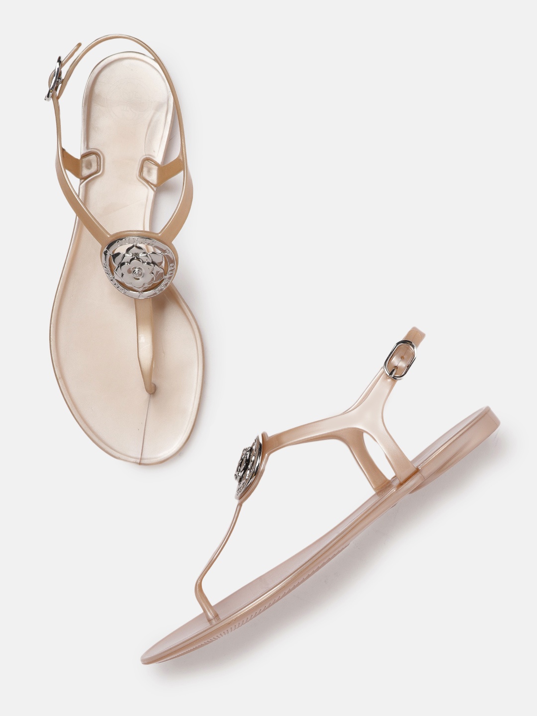 

GUESS Women Nude-Coloured Floral Embellished T-Strap Flats