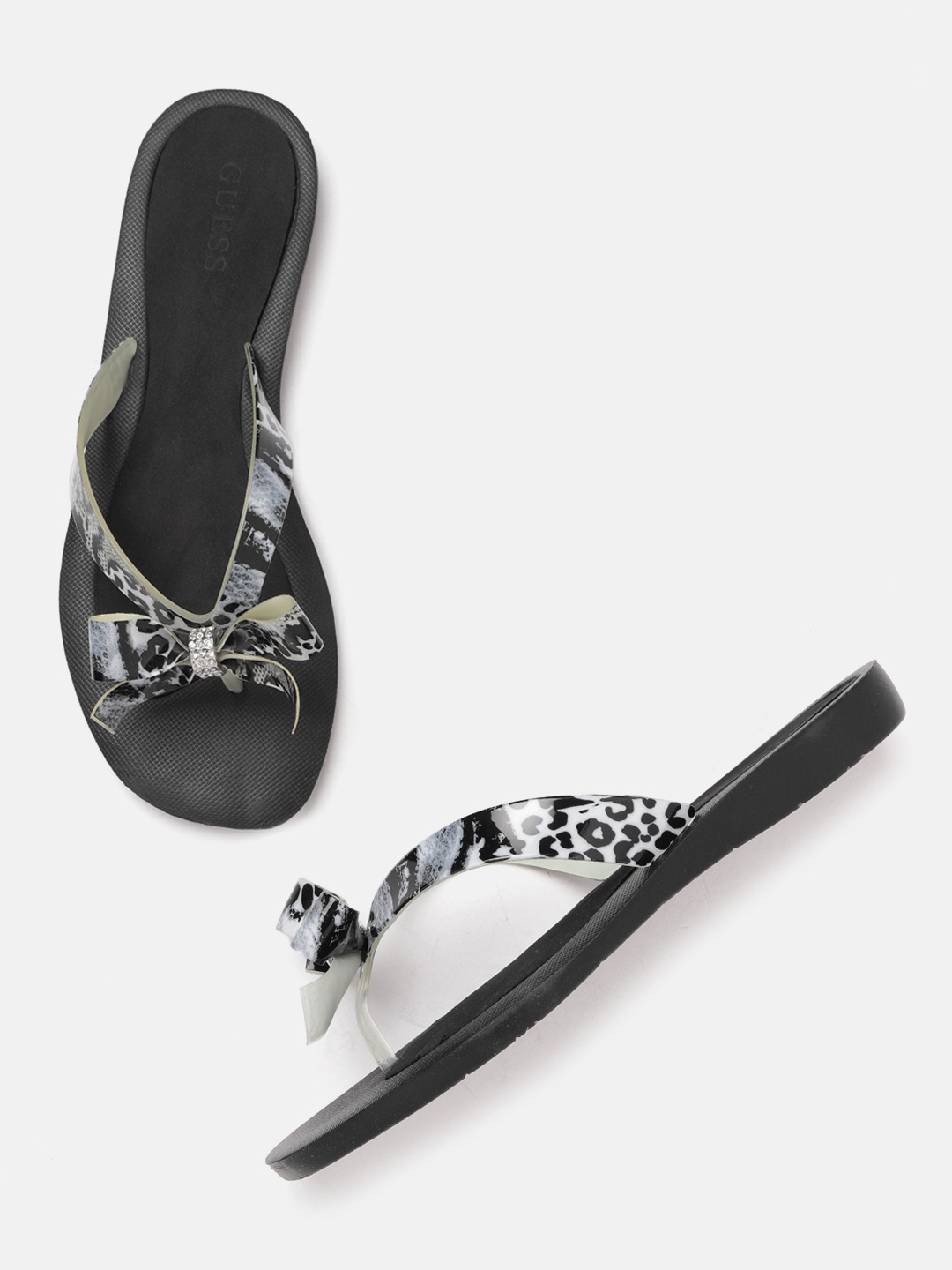 

GUESS Women Black Snake Printed Open Toe Flats with Bow Detail