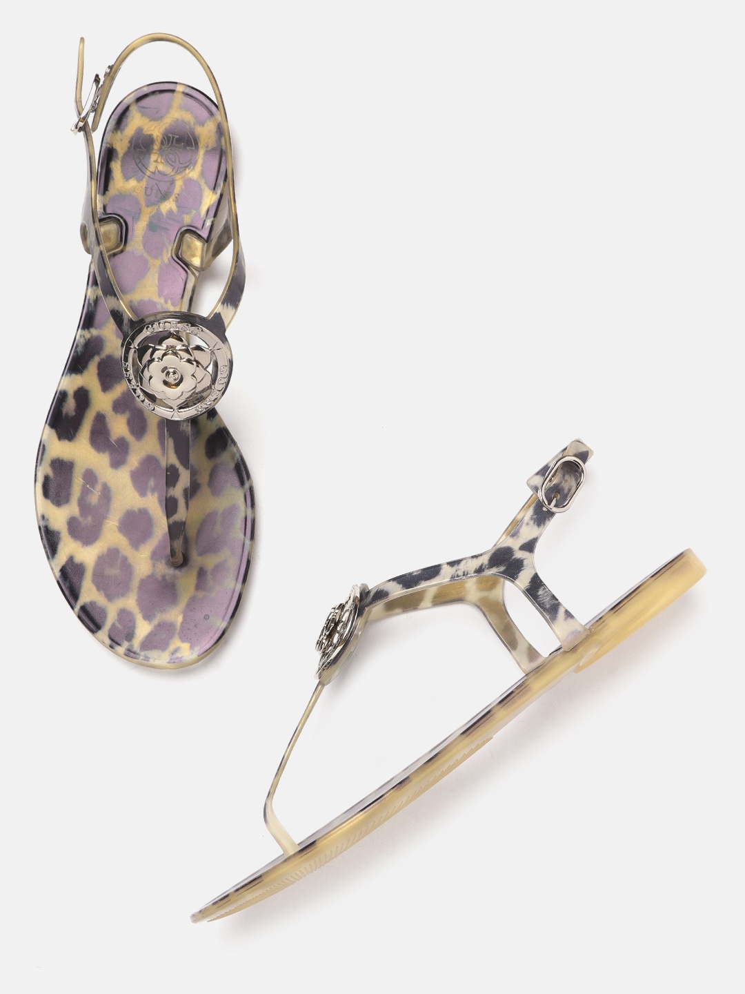

GUESS Women Green & Black Printed T-Strap Flats