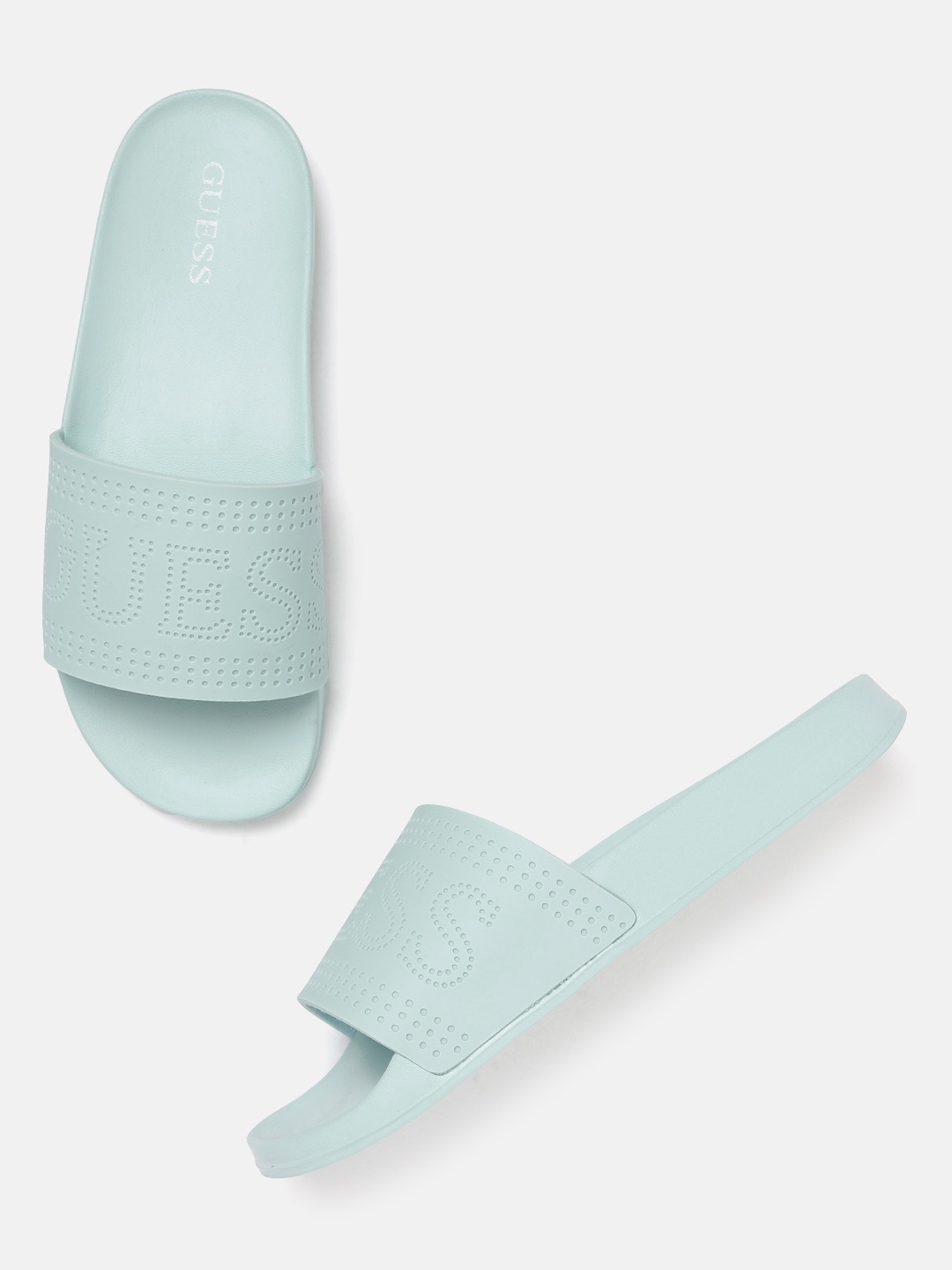 

GUESS Women Mint Green Brand Logo Textured Sliders